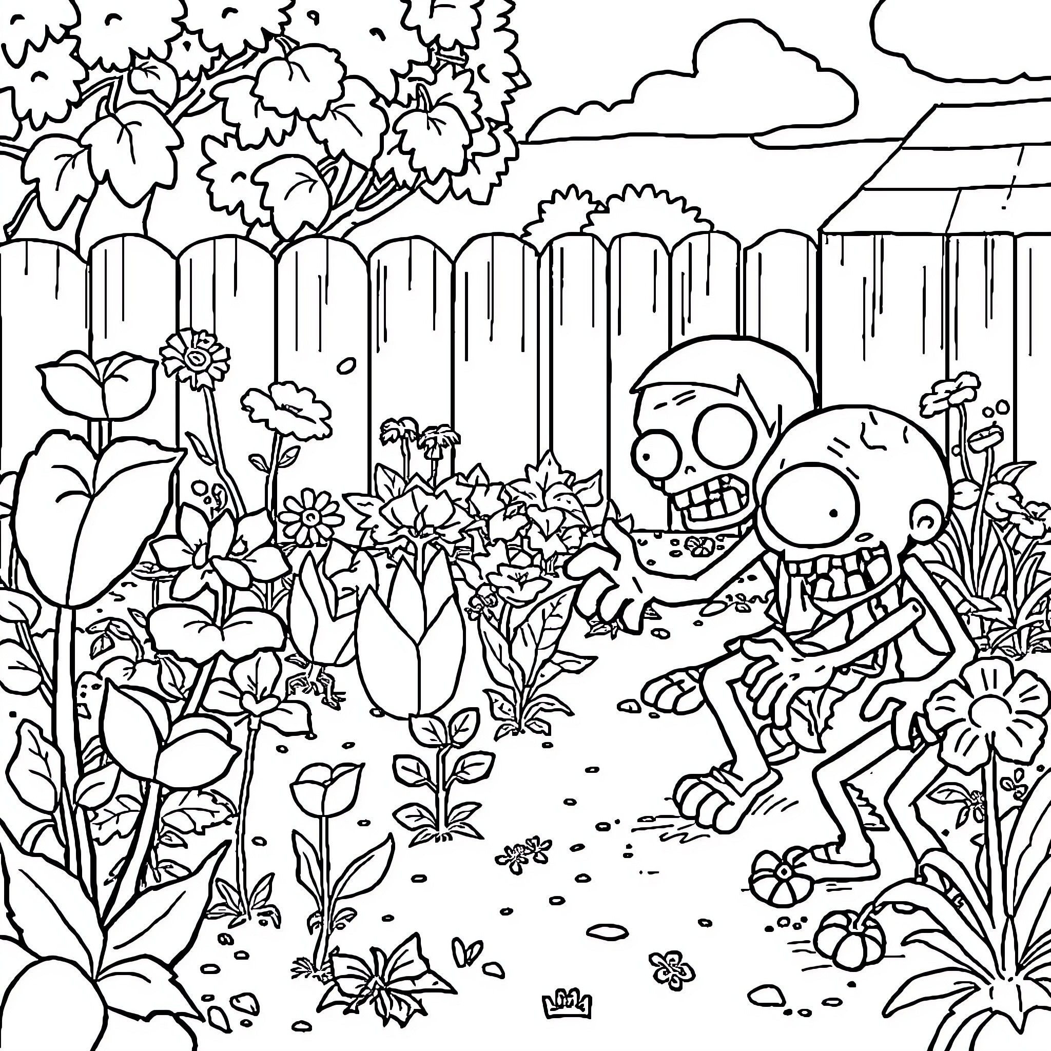 Plant vs Zombie: Gardener vs Undead Invaders Coloring Page (free black-and-white line drawing printable PDF for all, from beginners to advanced learners, including children, teens, adults, and seniors)