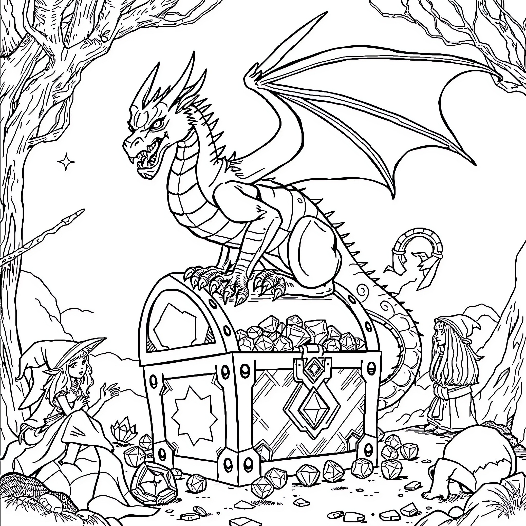 Dragon guarding a treasure chest in a mystical forest Coloring Page (free black-and-white line drawing printable PDF for all, from beginners to advanced learners, including children, teens, adults, and seniors)
