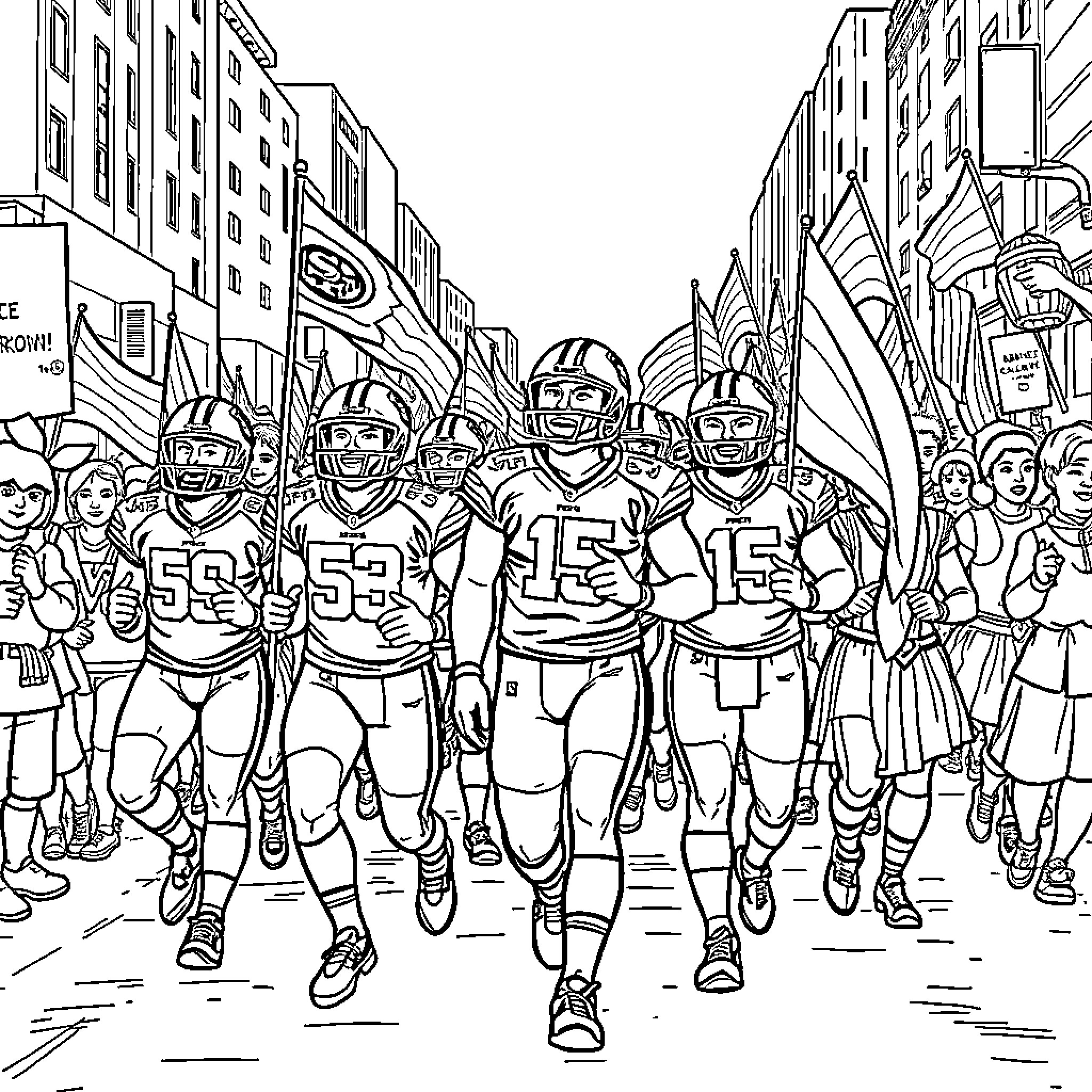 49ers players marching in a city parade Coloring Page (free black-and-white line drawing printable PDF for all, from beginners to advanced learners, including children, teens, adults, and seniors)