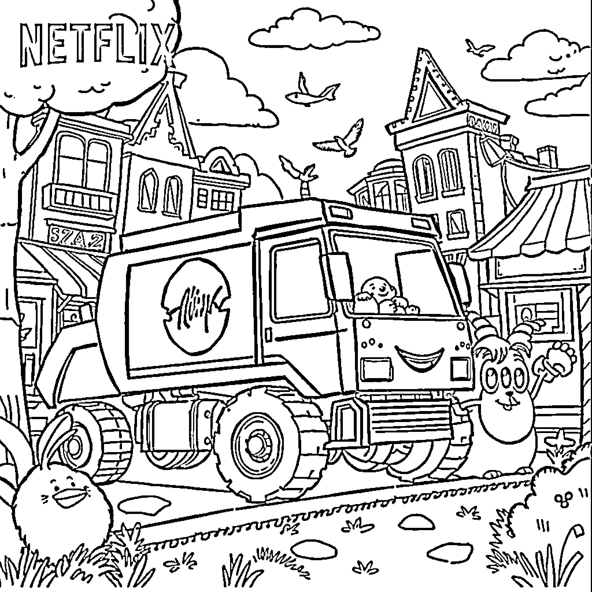 Trash Truck Collecting Refuse in Cartoon City Coloring Page (free black-and-white line drawing printable PDF for all, from beginners to advanced learners, including children, teens, adults, and seniors)