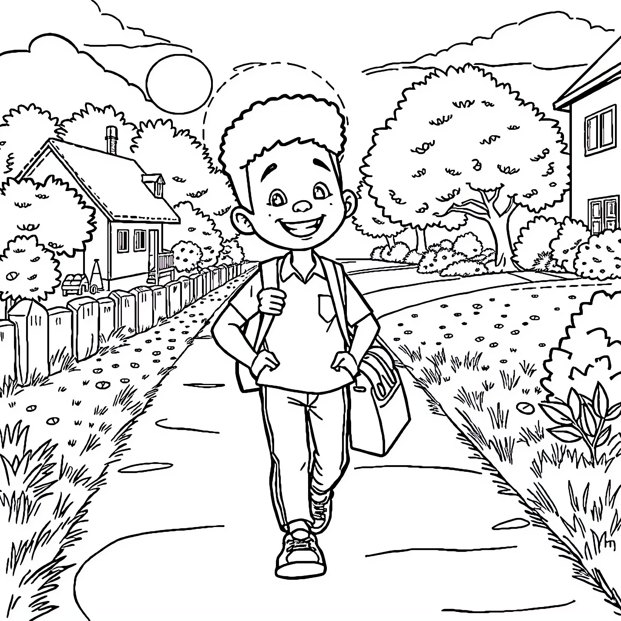 Schoolboy walking happily on a path through a neighborhood Coloring Page (free black-and-white line drawing printable PDF for all, from beginners to advanced learners, including children, teens, adults, and seniors)