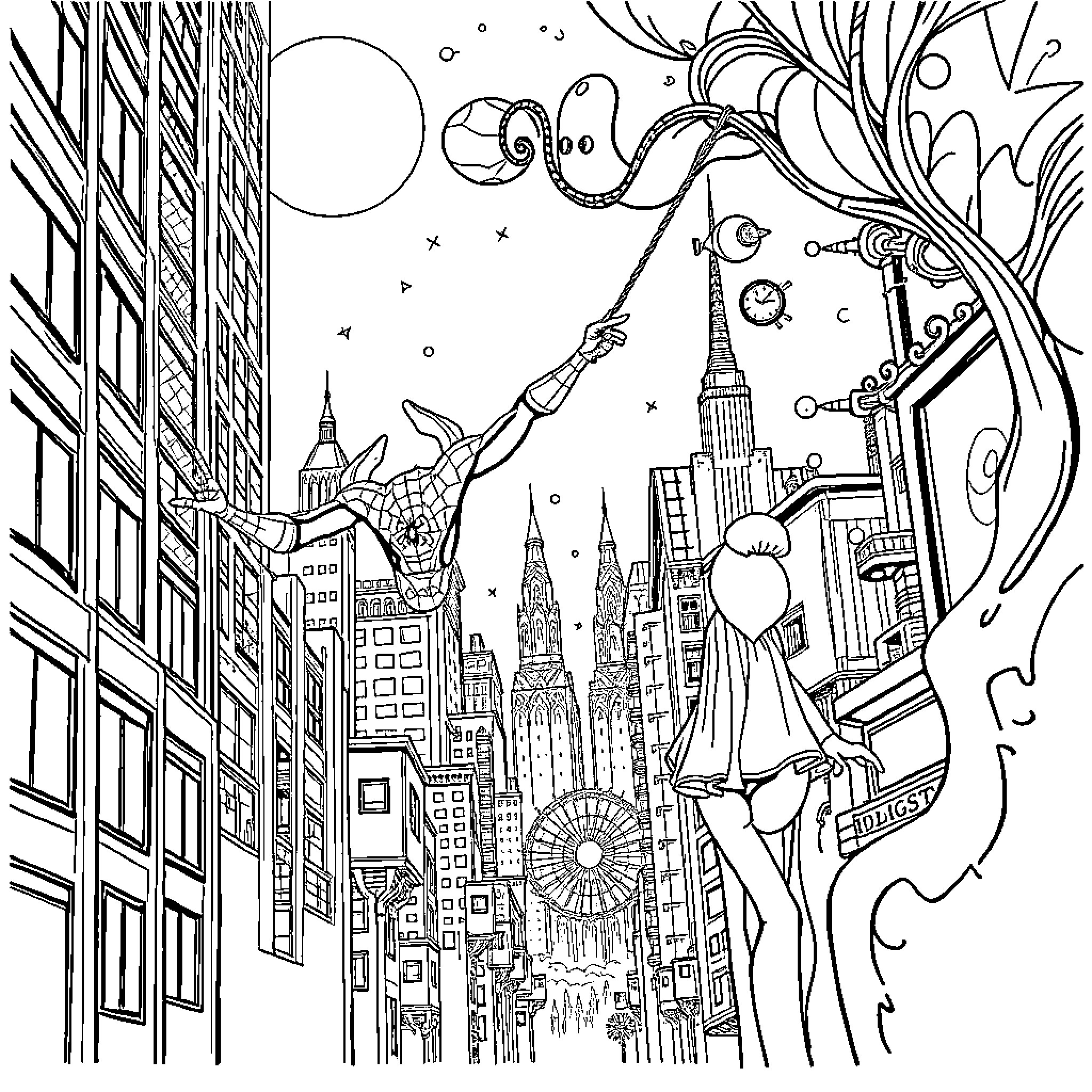 Spider-Man swinging through the skyscrapers of New York City Coloring Page (free black-and-white line drawing printable PDF for all, from beginners to advanced learners, including children, teens, adults, and seniors)