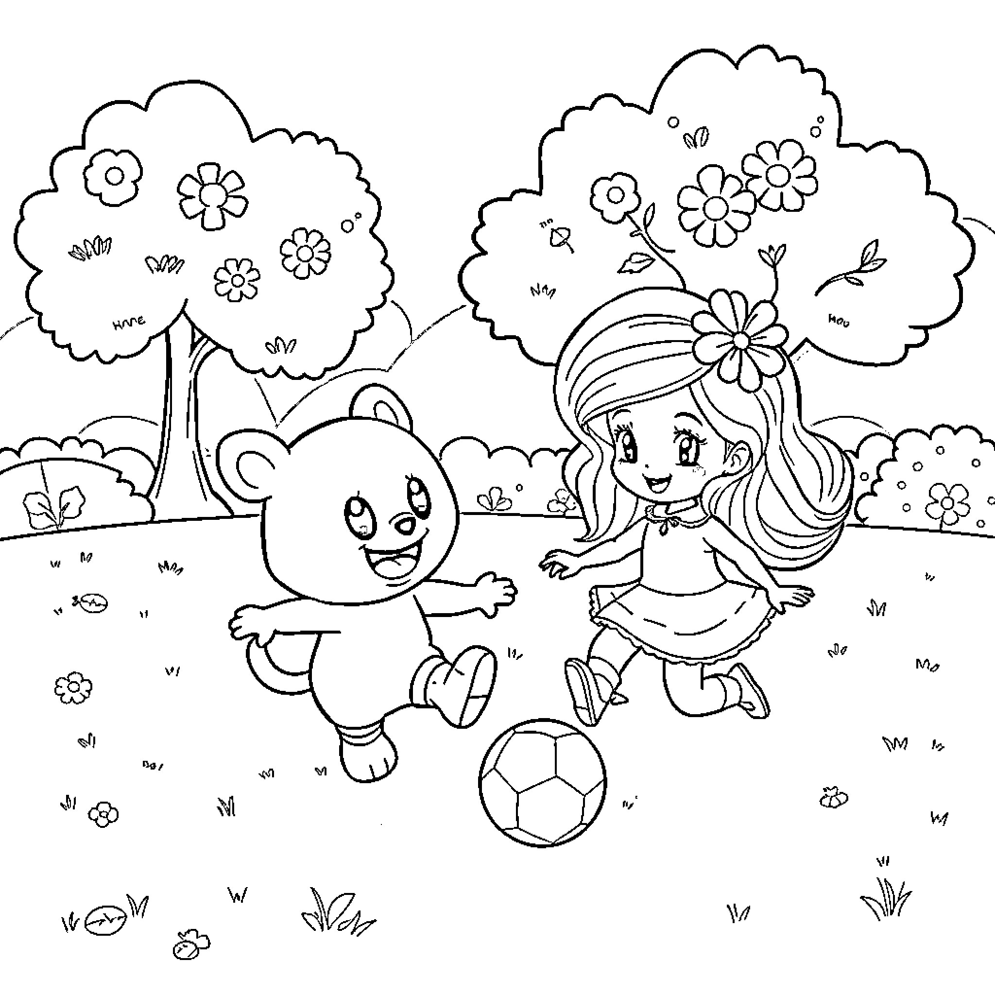 Labubu playing joyfully with a teddy bear in a garden Coloring Page (free black-and-white line drawing printable PDF for all, from beginners to advanced learners, including children, teens, adults, and seniors)