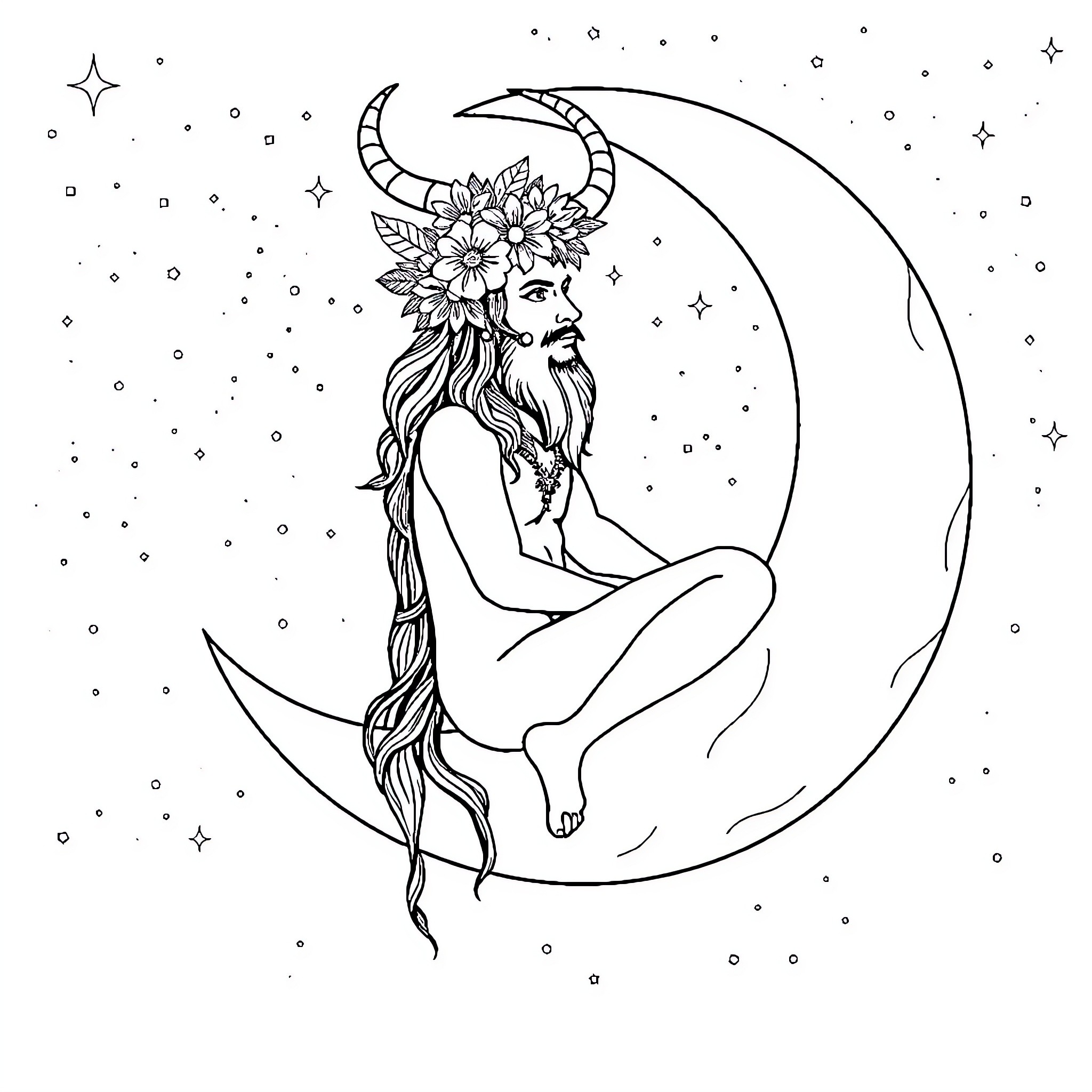 Loki sitting on the crescent moon with flowers Coloring Page (free black-and-white line drawing printable PDF for all, from beginners to advanced learners, including children, teens, adults, and seniors)