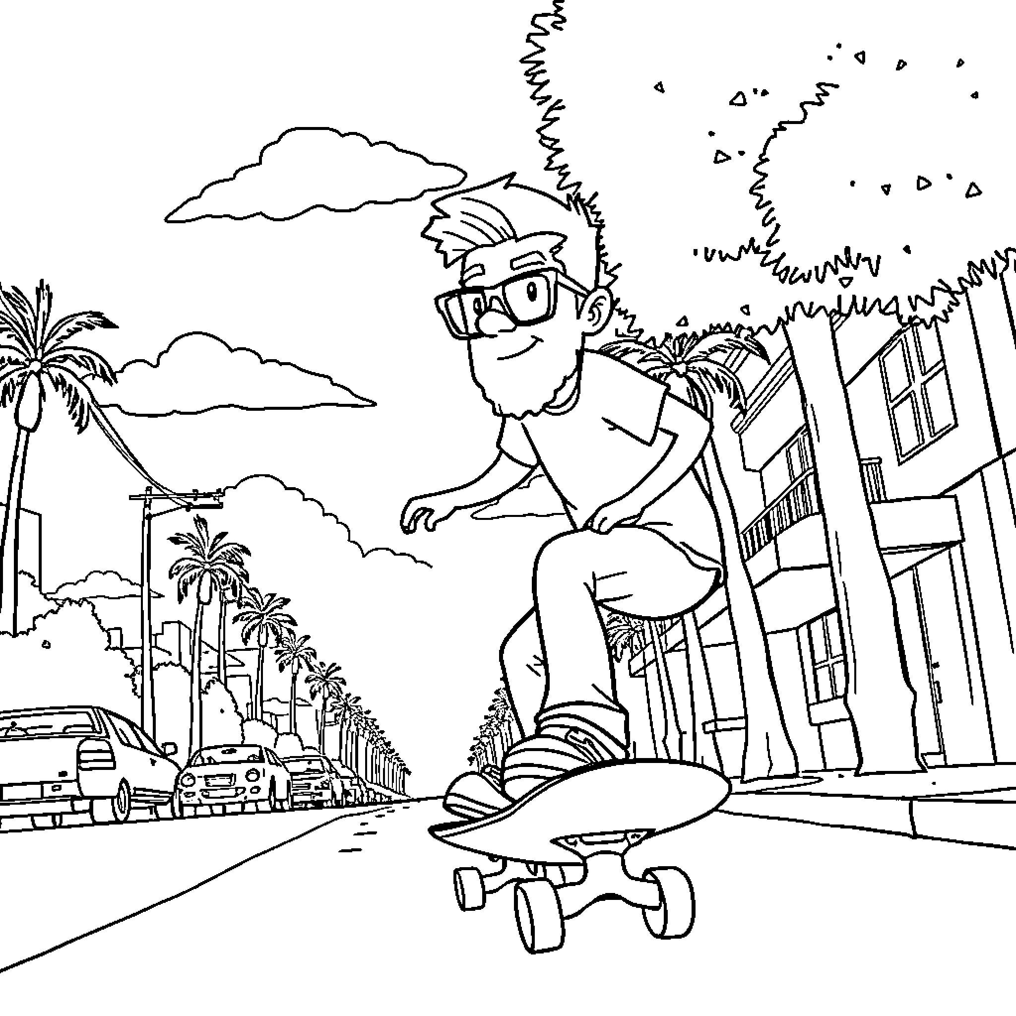 Hank Hill skateboarding down a tropical city street Coloring Page (free black-and-white line drawing printable PDF for all, from beginners to advanced learners, including children, teens, adults, and seniors)
