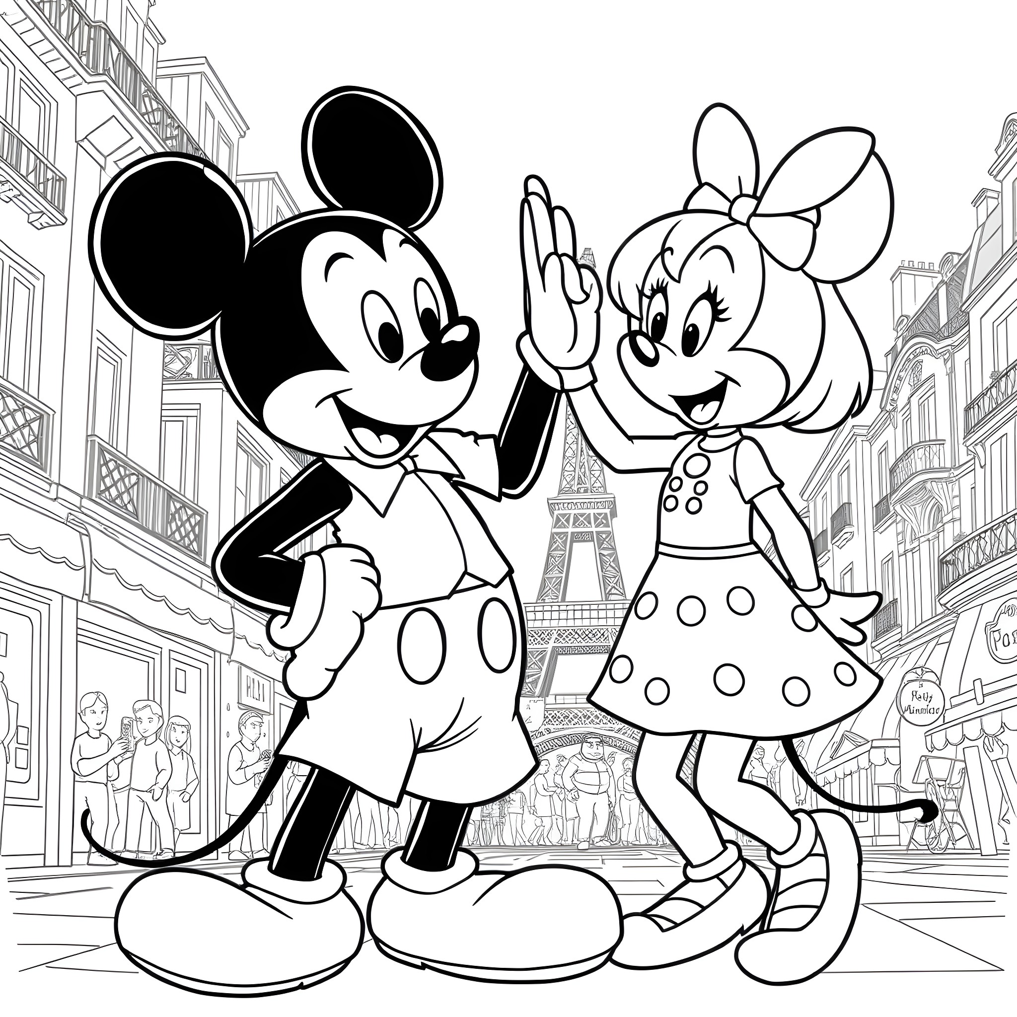 Ladybug and Mickey Mouse in Paris Coloring Page (free black-and-white line drawing printable PDF for all, from beginners to advanced learners, including children, teens, adults, and seniors)