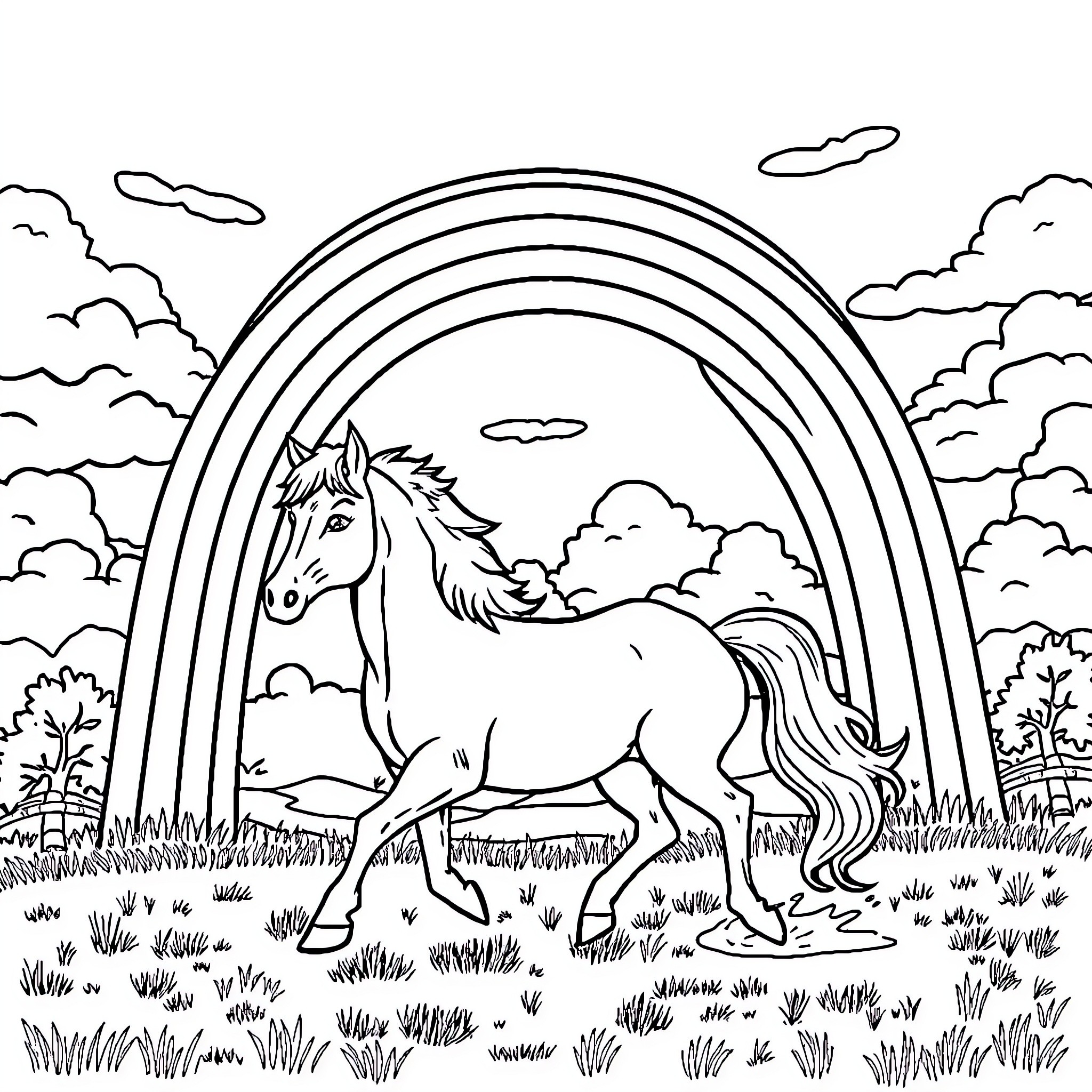 Pony frolicking under a rainbow in a meadow Coloring Page (free black-and-white line drawing printable PDF for all, from beginners to advanced learners, including children, teens, adults, and seniors)