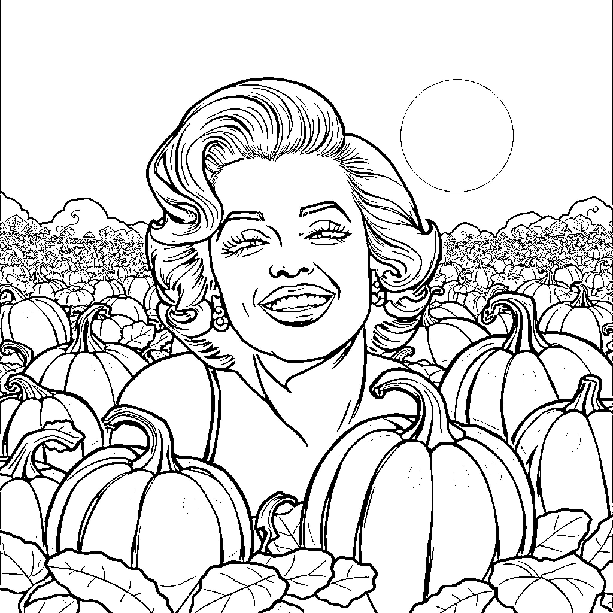 Marilyn Monroe amidst an autumnal pumpkin patch Coloring Page (free black-and-white line drawing printable PDF for all, from beginners to advanced learners, including children, teens, adults, and seniors)
