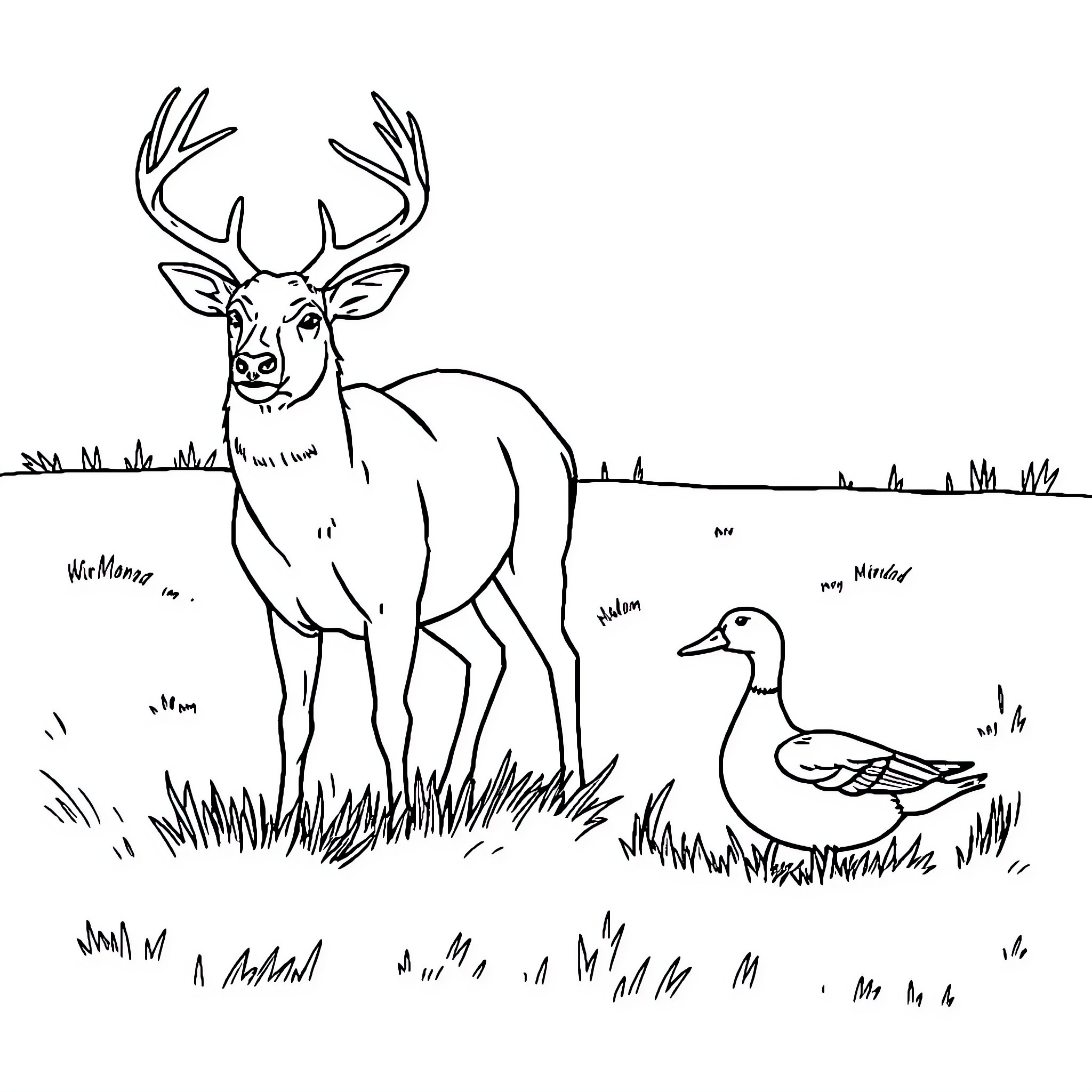 Duck and Deer in Peaceful Meadow Coloring Page (free black-and-white line drawing printable PDF for all, from beginners to advanced learners, including children, teens, adults, and seniors)
