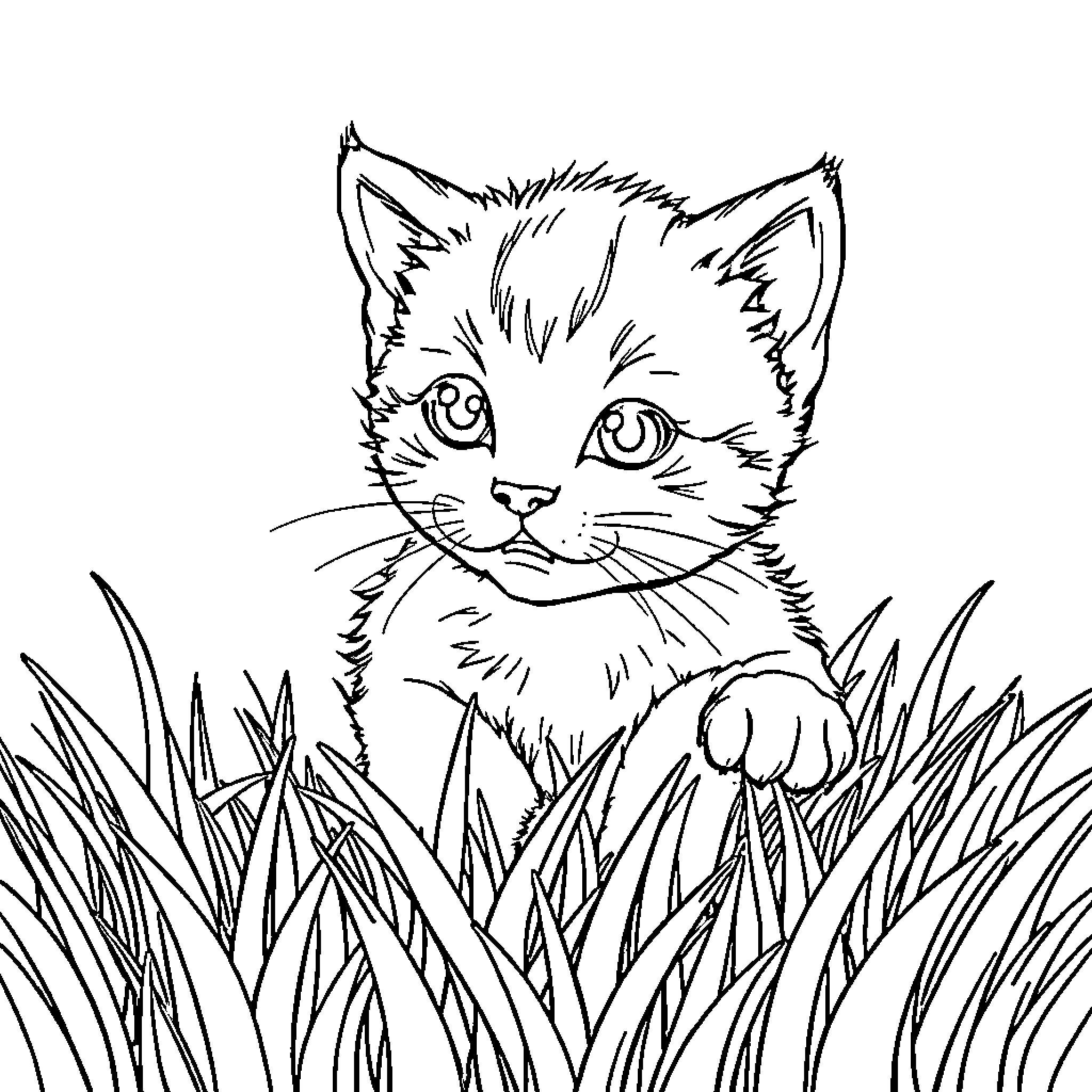 Kitty peeking through the tall grass Coloring Page (free black-and-white line drawing printable PDF for all, from beginners to advanced learners, including children, teens, adults, and seniors)