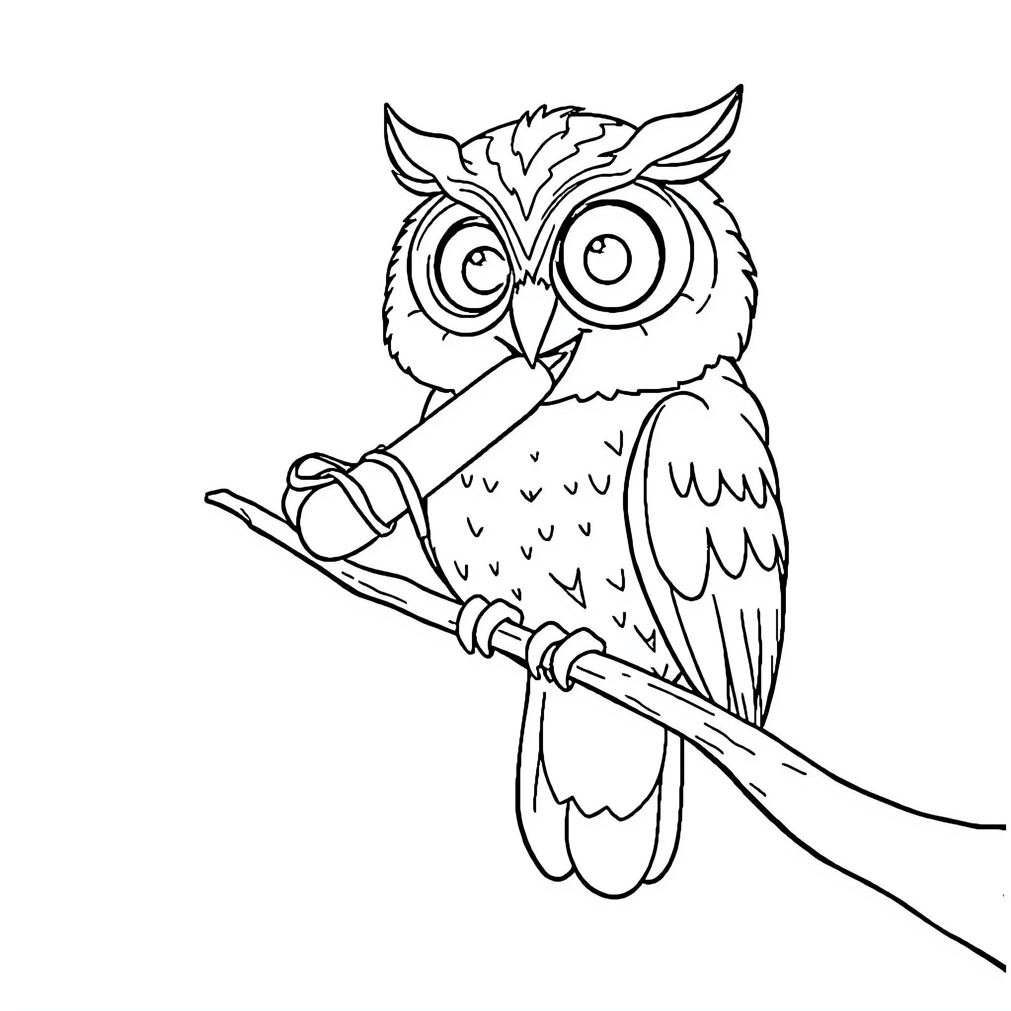 Owl perched on a branch with curious expression Coloring Page (free black-and-white line drawing printable PDF for all, from beginners to advanced learners, including children, teens, adults, and seniors)