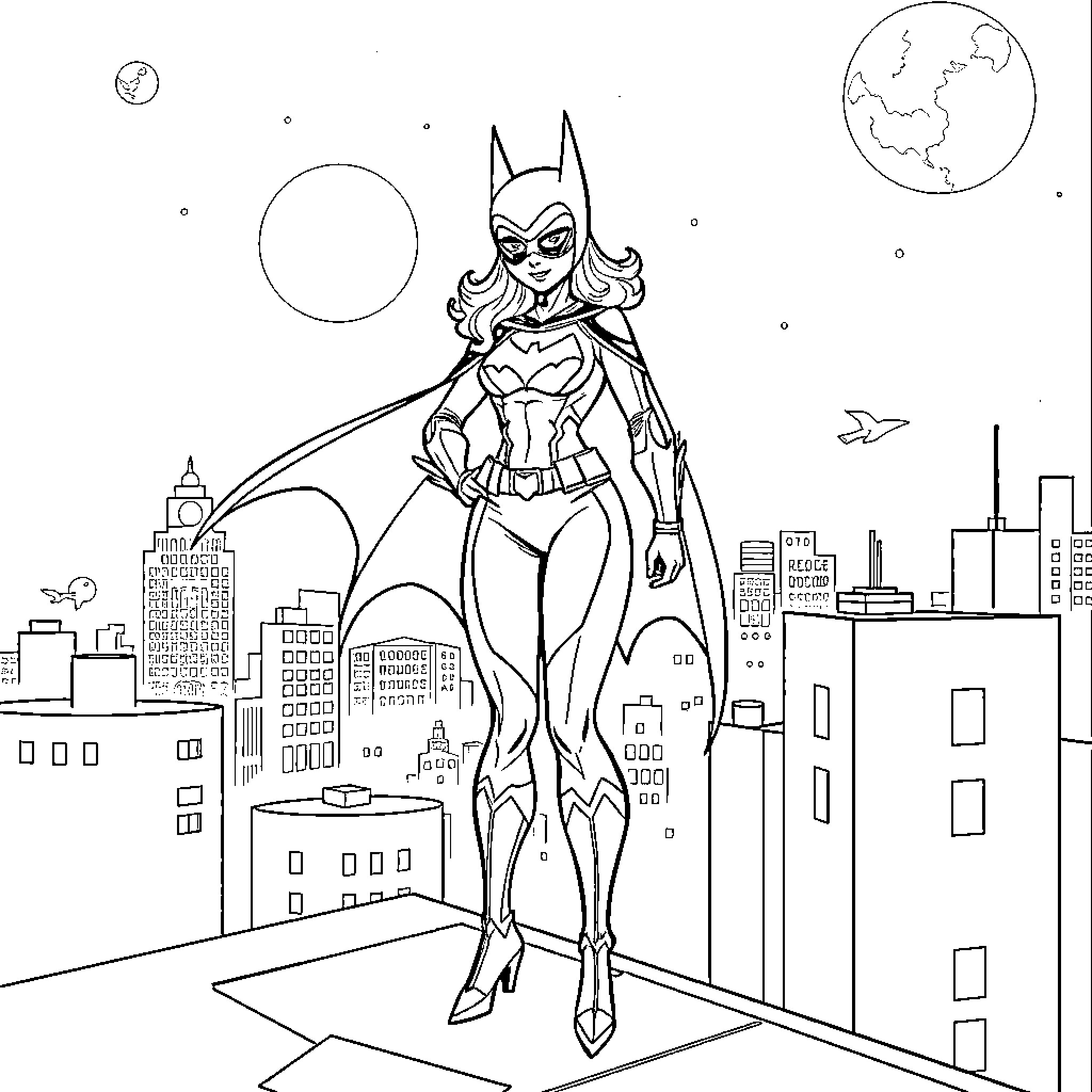 Batgirl heroically soaring over the city skyline Coloring Page (free black-and-white line drawing printable PDF for all, from beginners to advanced learners, including children, teens, adults, and seniors)