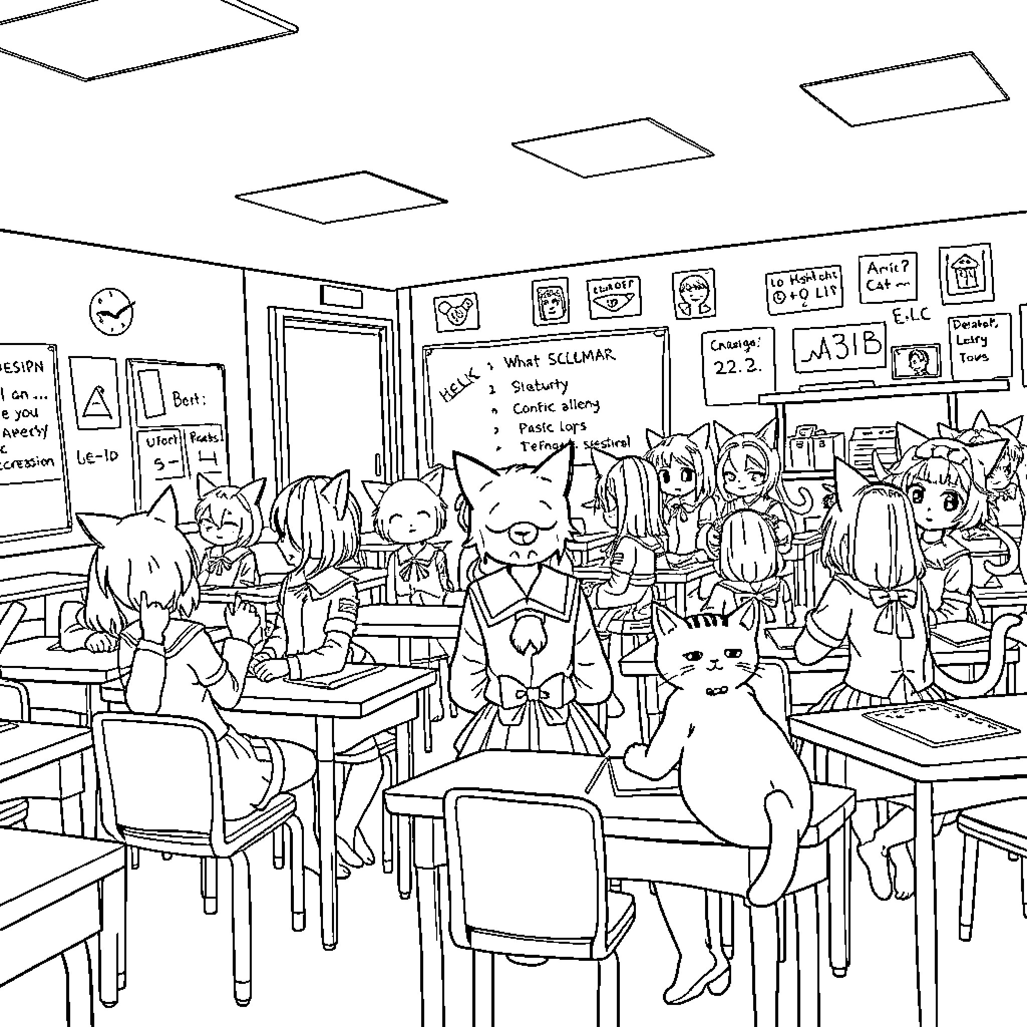 Catgirl students in a classroom setting Coloring Page (free black-and-white line drawing printable PDF for all, from beginners to advanced learners, including children, teens, adults, and seniors)
