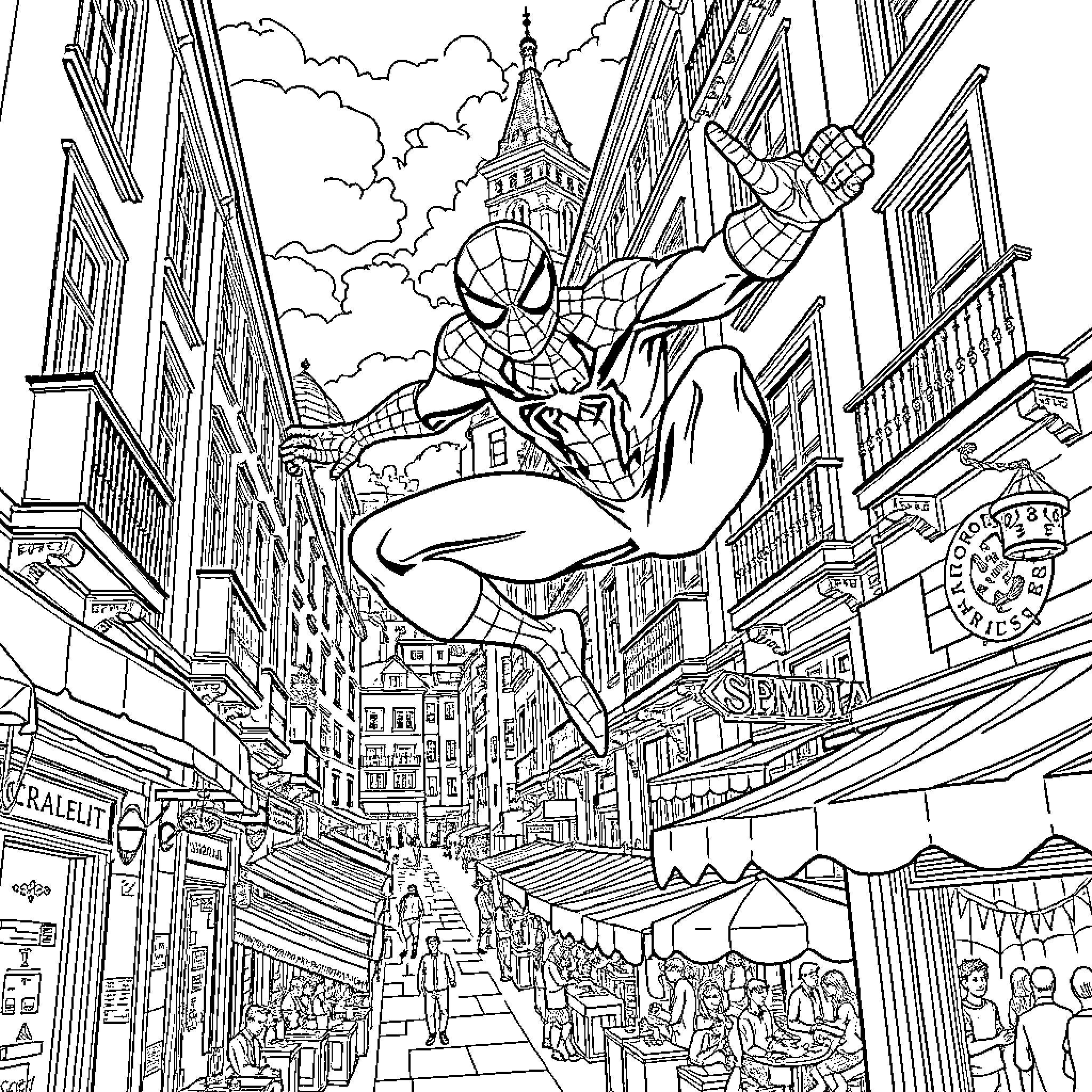 Spider-Man swinging through the city streets Coloring Page (free black-and-white line drawing printable PDF for all, from beginners to advanced learners, including children, teens, adults, and seniors)