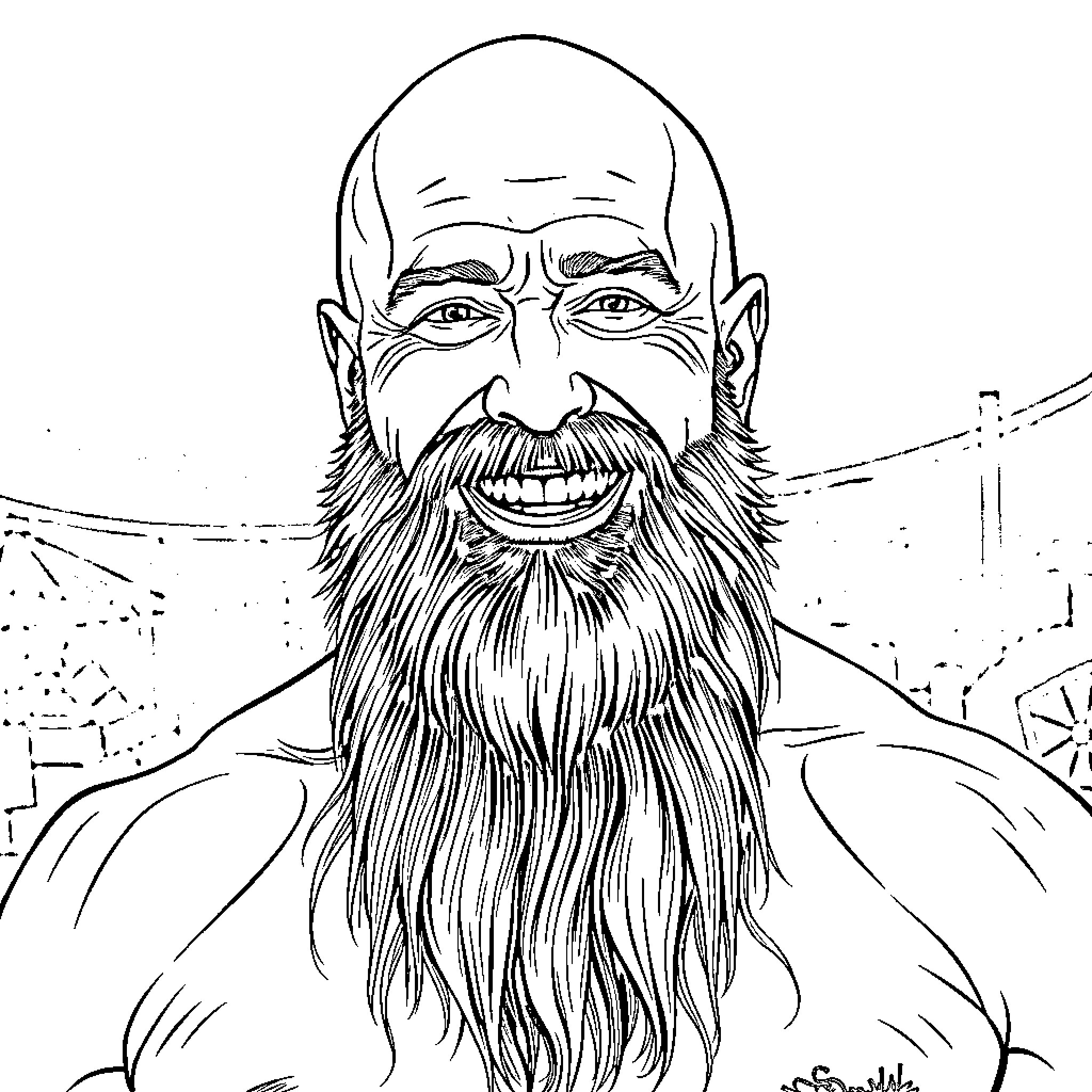 Man with a long, bushy beard and a bold, confident expression Coloring Page (free black-and-white line drawing printable PDF for all, from beginners to advanced learners, including children, teens, adults, and seniors)