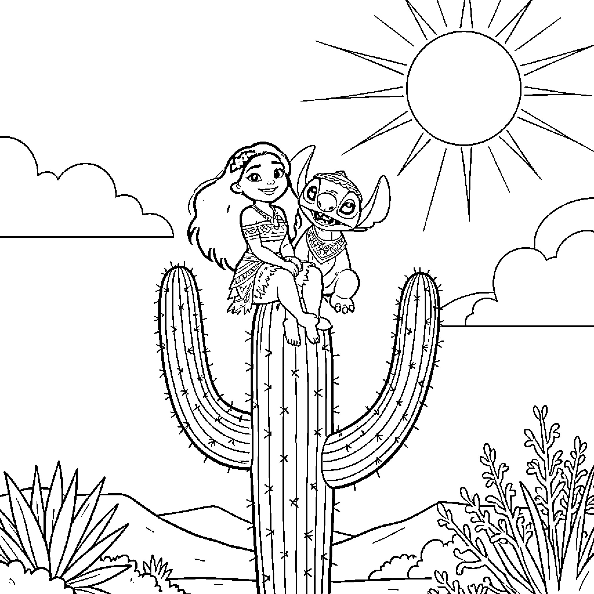 Moana sitting on a cactus with Stitch Coloring Page (free black-and-white line drawing printable PDF for all, from beginners to advanced learners, including children, teens, adults, and seniors)