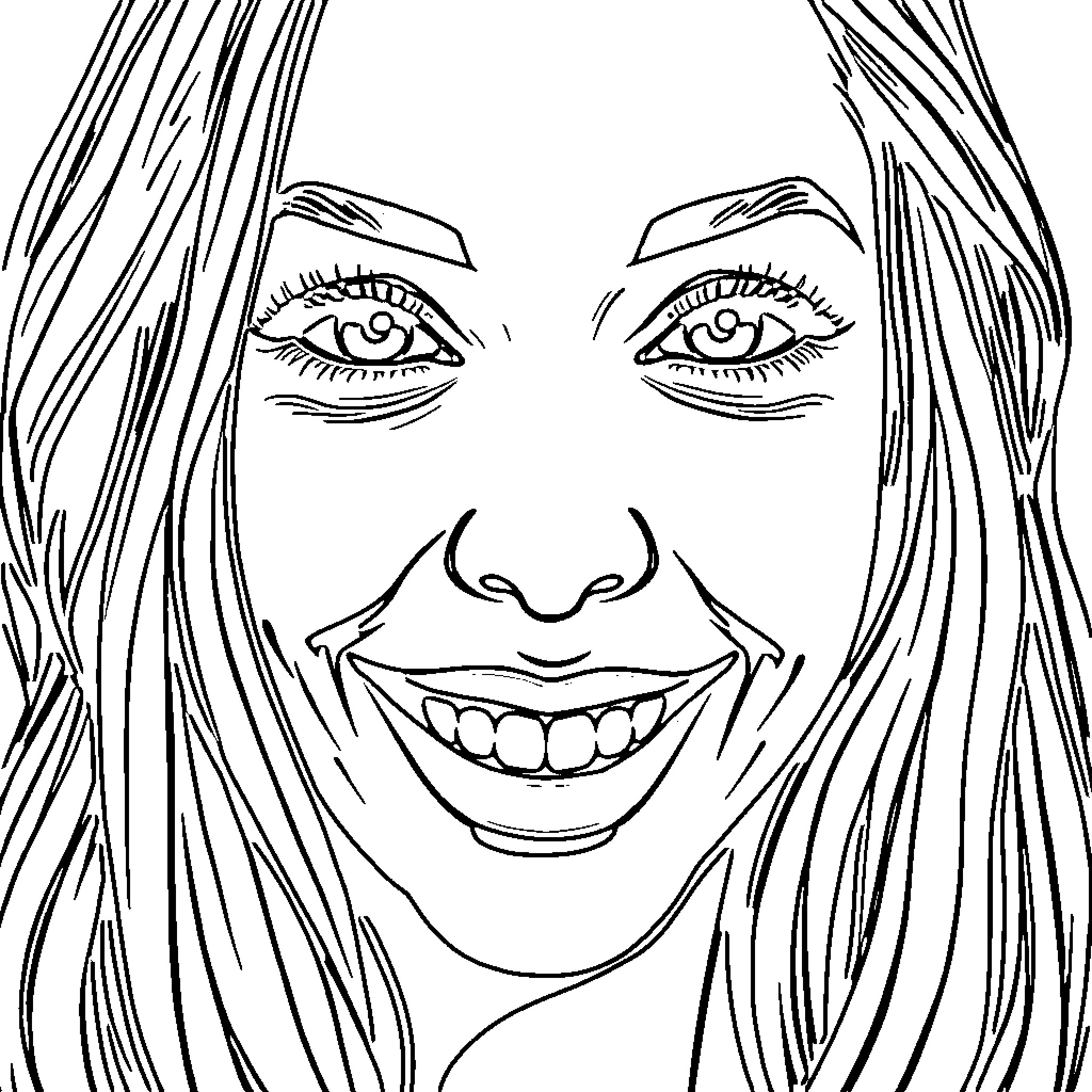Woman with captivating smile and expressive eyes Coloring Page (free black-and-white line drawing printable PDF for all, from beginners to advanced learners, including children, teens, adults, and seniors)