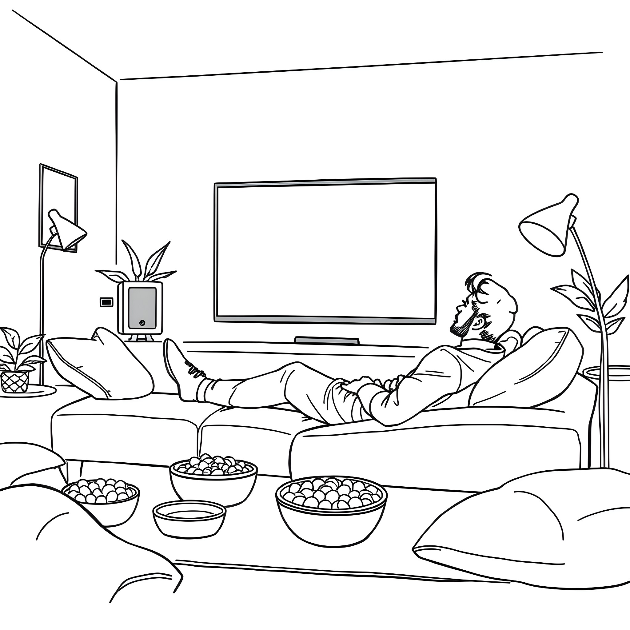 Man relaxing on sofa while watching TV in living room Coloring Page (free black-and-white line drawing printable PDF for all, from beginners to advanced learners, including children, teens, adults, and seniors)
