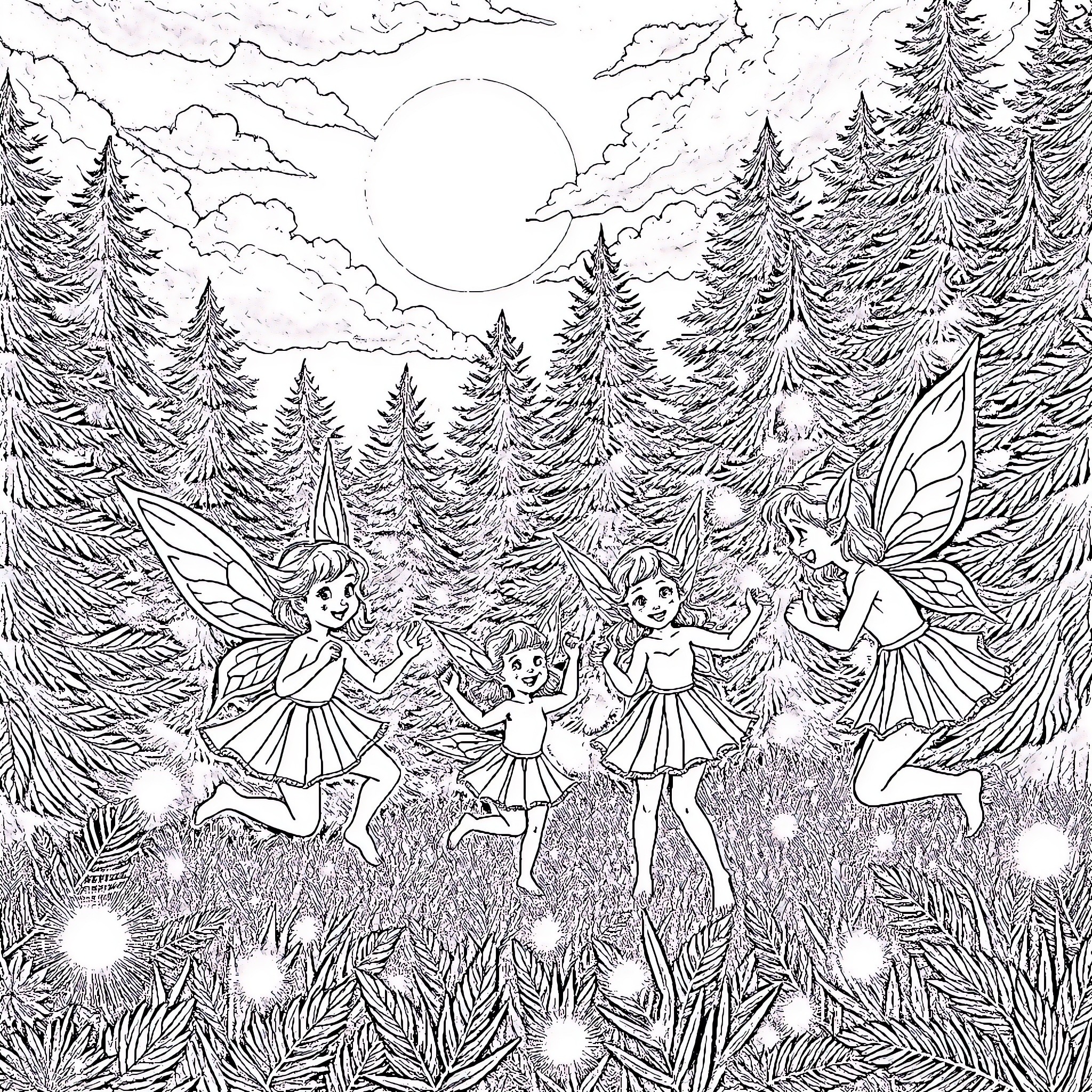 Pixie Fairies Dancing in Enchanted Forest Coloring Page (free black-and-white line drawing printable PDF for all, from beginners to advanced learners, including children, teens, adults, and seniors)