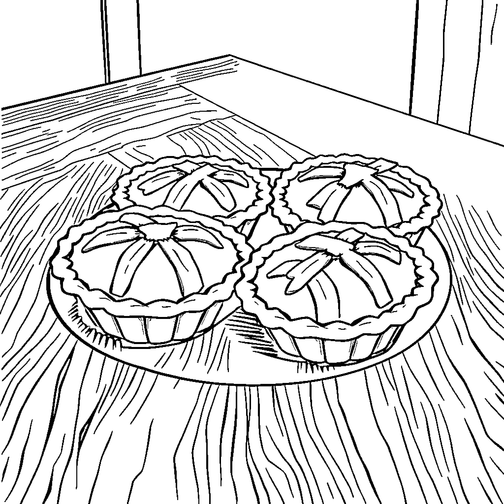 Pie Delights on Wooden Table Coloring Page (free black-and-white line drawing printable PDF for all, from beginners to advanced learners, including children, teens, adults, and seniors)
