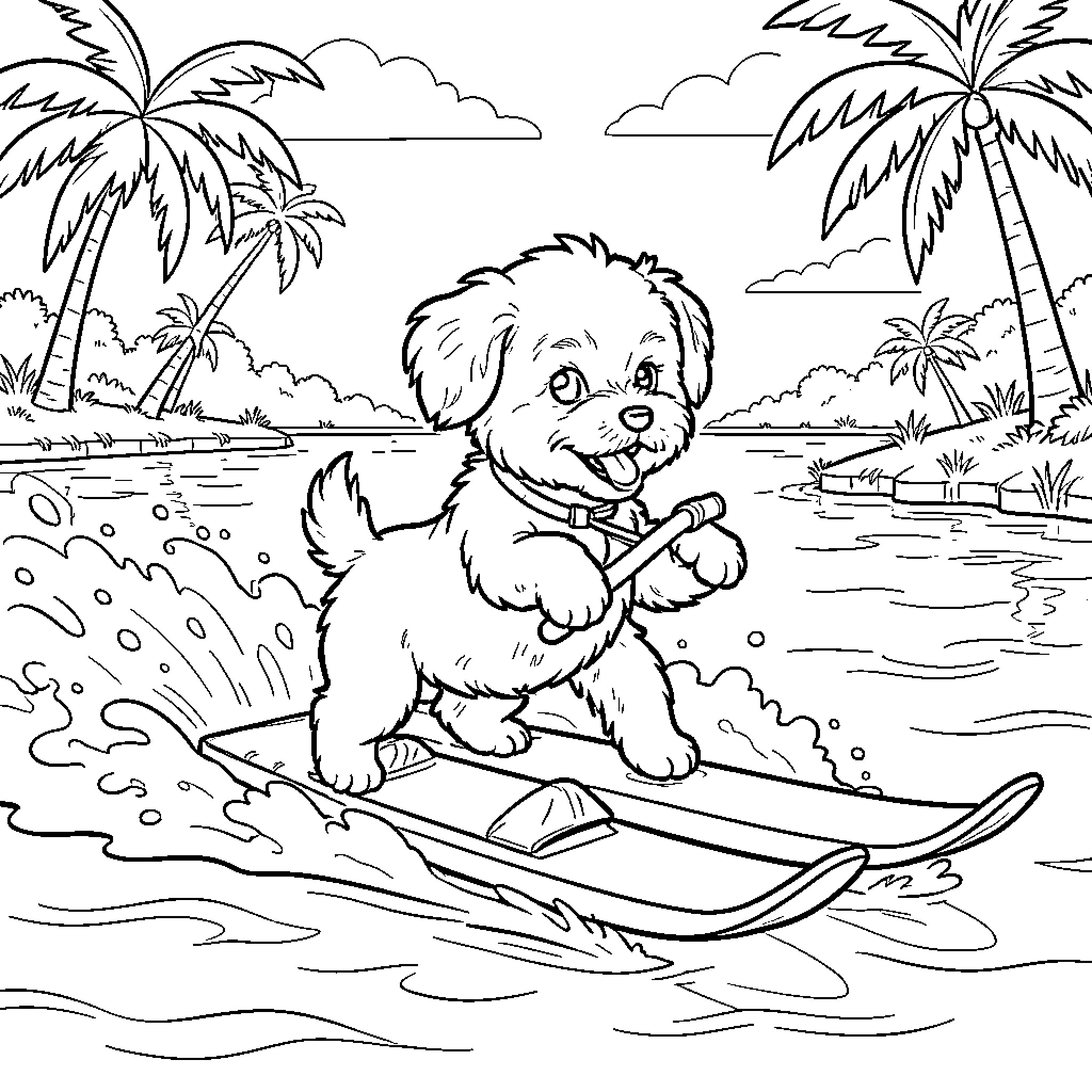 Maltese puppy surfing happily on ocean waves Coloring Page (free black-and-white line drawing printable PDF for all, from beginners to advanced learners, including children, teens, adults, and seniors)