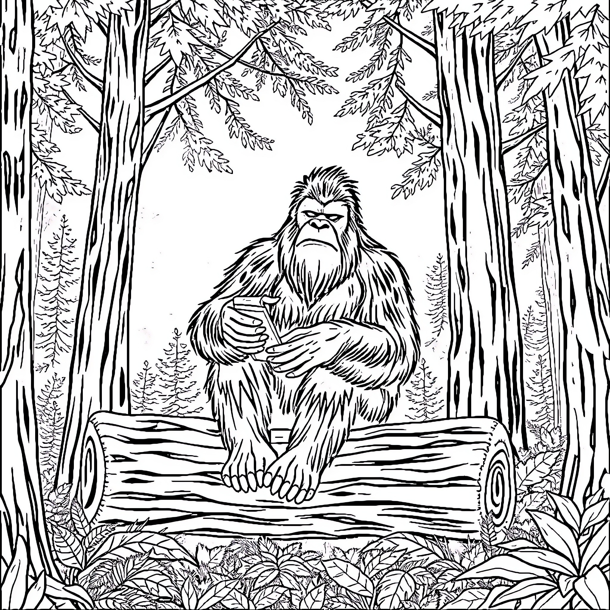 Bigfoot resting peacefully in the tranquil forest Coloring Page (free black-and-white line drawing printable PDF for all, from beginners to advanced learners, including children, teens, adults, and seniors)