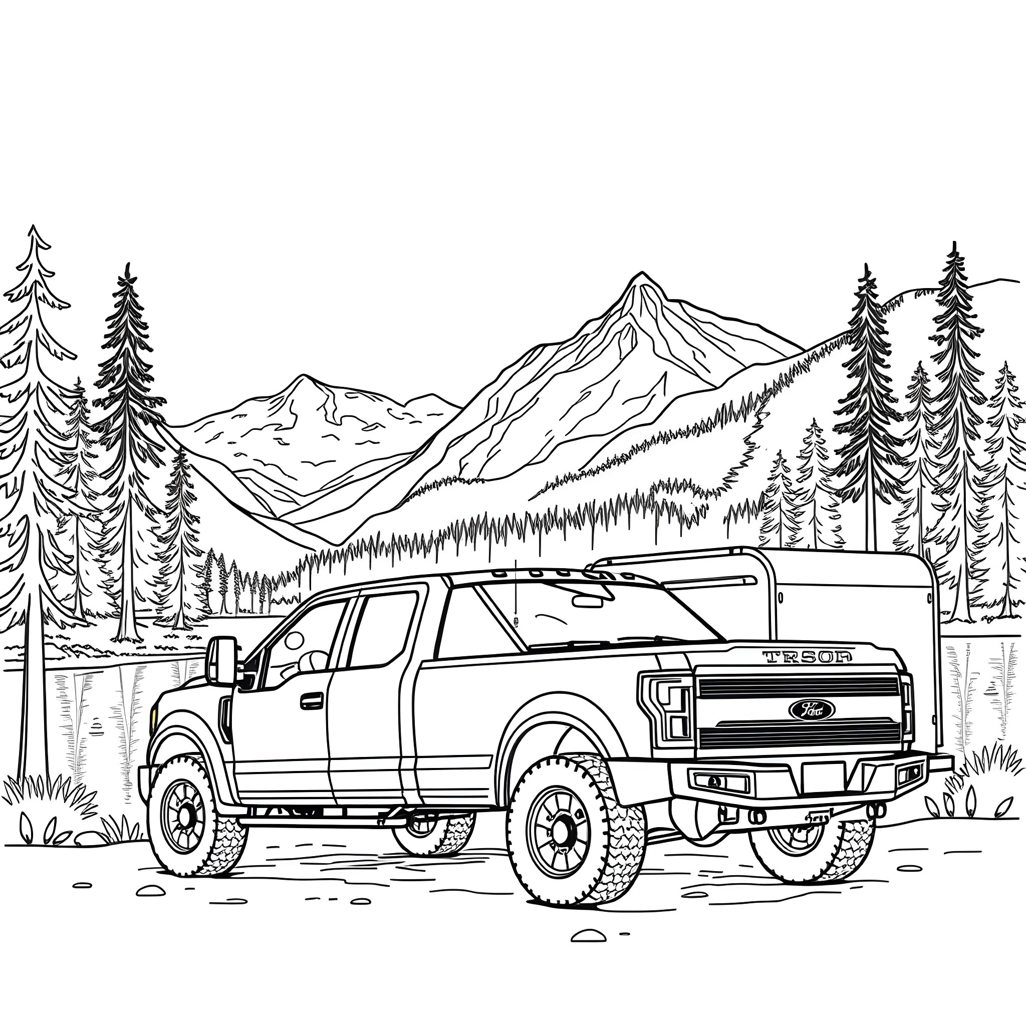 Pickup truck exploring rugged mountain landscape Coloring Page (free black-and-white line drawing printable PDF for all, from beginners to advanced learners, including children, teens, adults, and seniors)