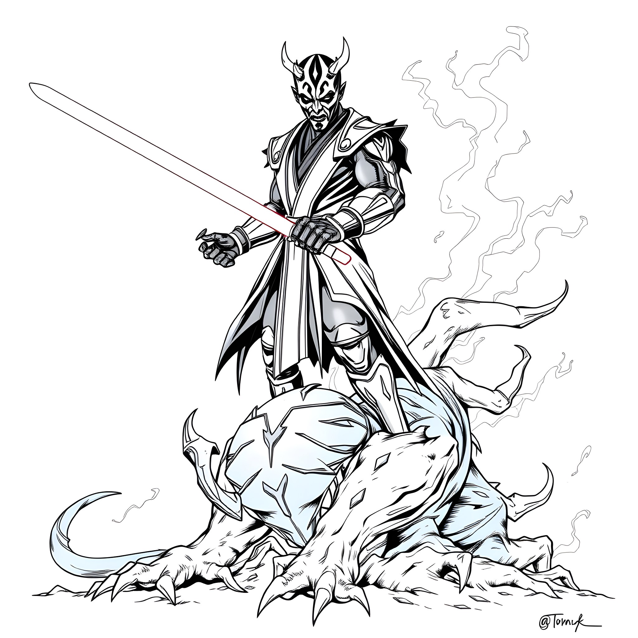 Darth Maul's Fierce Duel Coloring Page (free black-and-white line drawing printable PDF for all, from beginners to advanced learners, including children, teens, adults, and seniors)