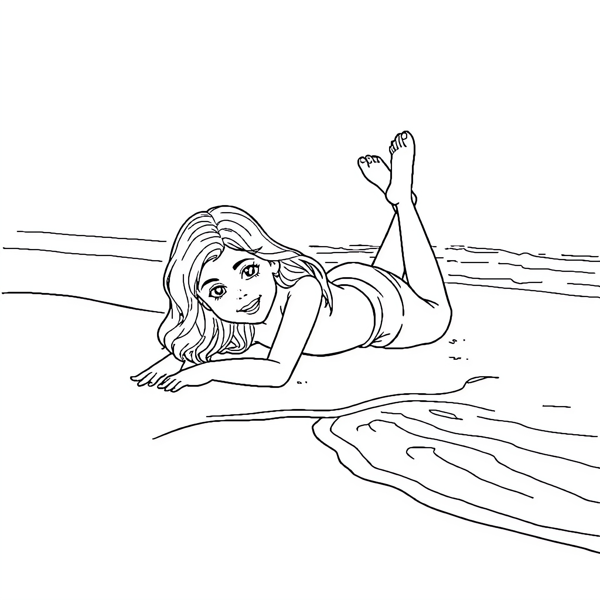 Girl relaxing on the beach Coloring Page (free black-and-white line drawing printable PDF for all, from beginners to advanced learners, including children, teens, adults, and seniors)