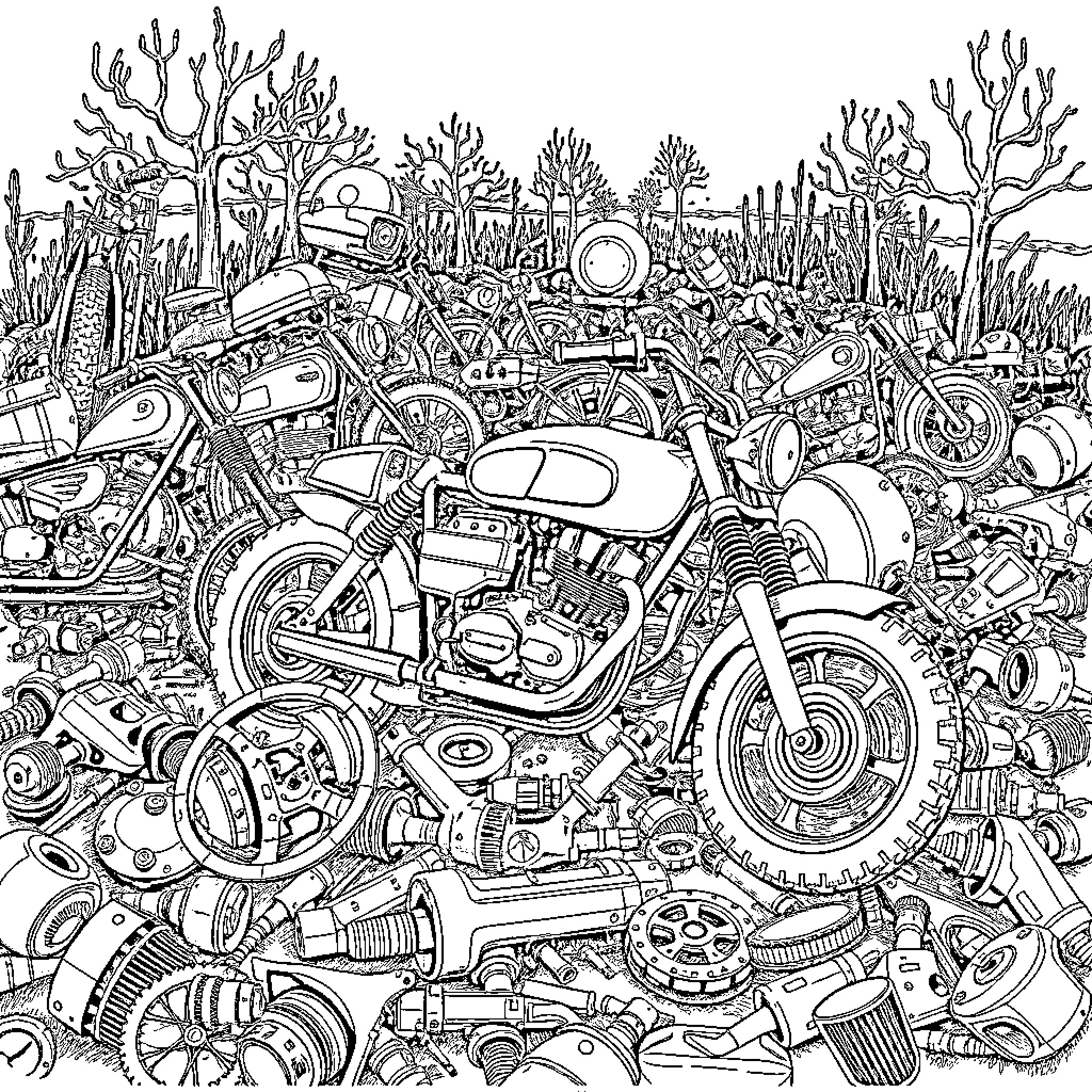 Motorcycle parts and components in a surreal landscape Coloring Page (free black-and-white line drawing printable PDF for all, from beginners to advanced learners, including children, teens, adults, and seniors)