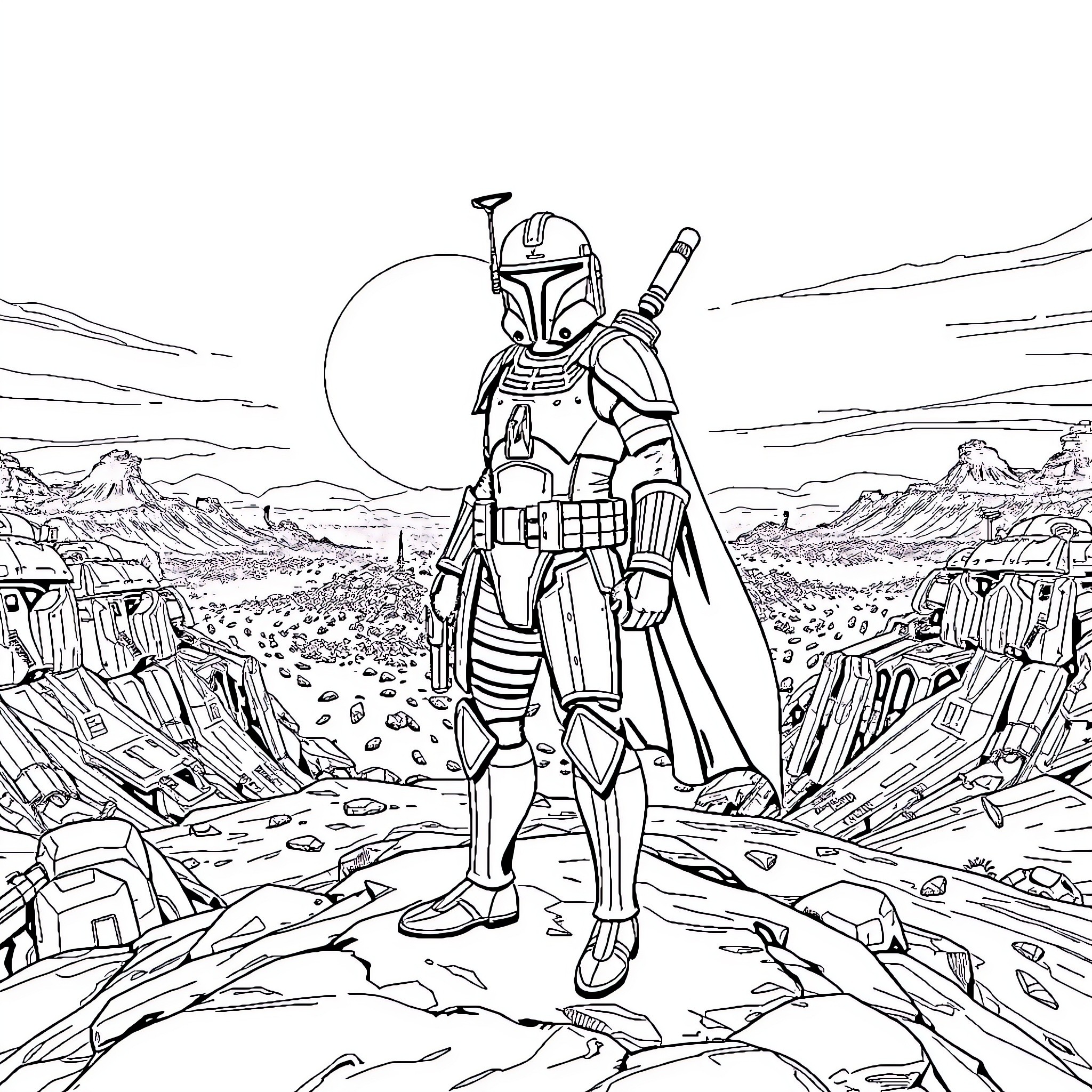 Captain Rex in Action on the Battlefield Coloring Page (free black-and-white line drawing printable PDF for all, from beginners to advanced learners, including children, teens, adults, and seniors)