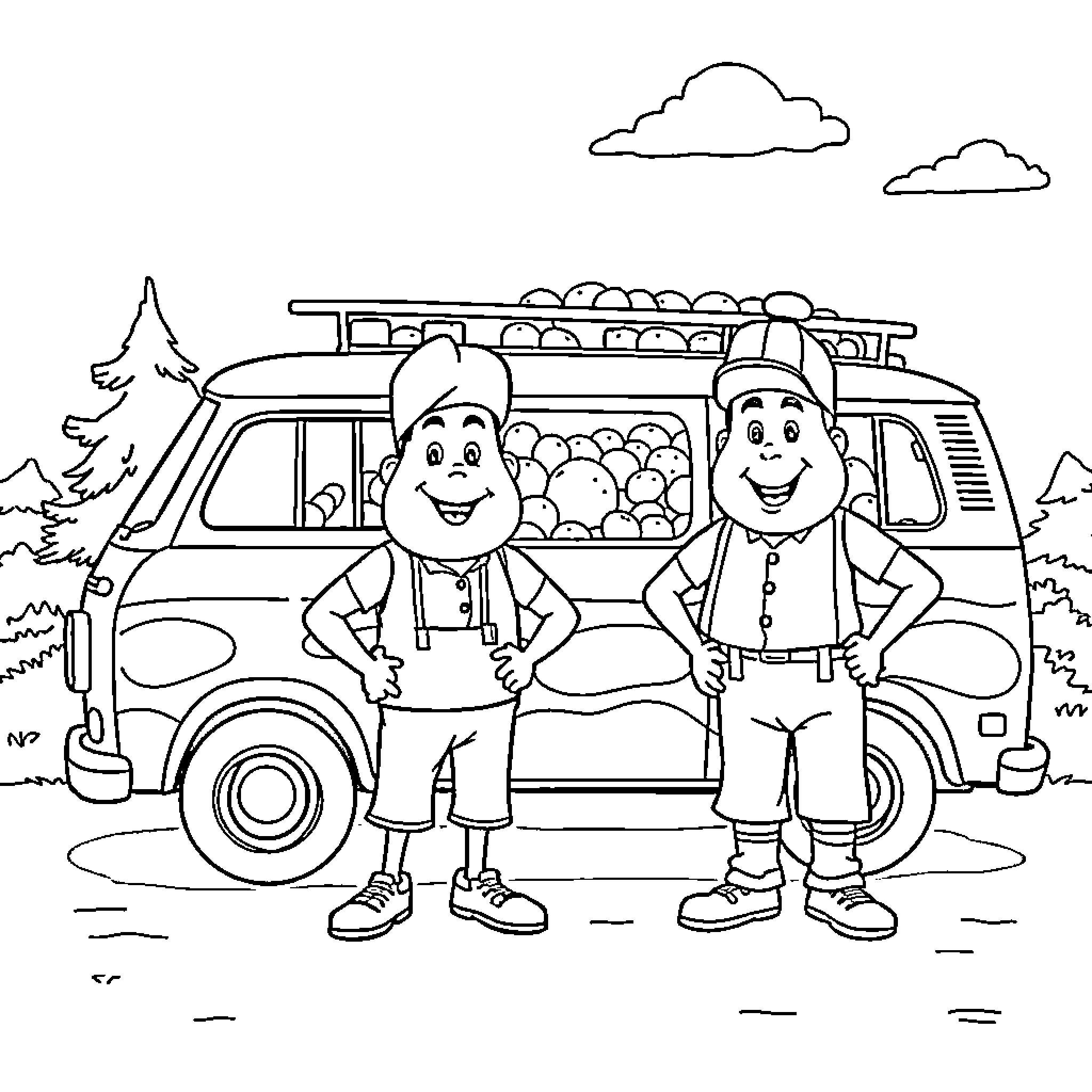 Spud Bro Potato Pals Deliver Fresh Produce Coloring Page (free black-and-white line drawing printable PDF for all, from beginners to advanced learners, including children, teens, adults, and seniors)