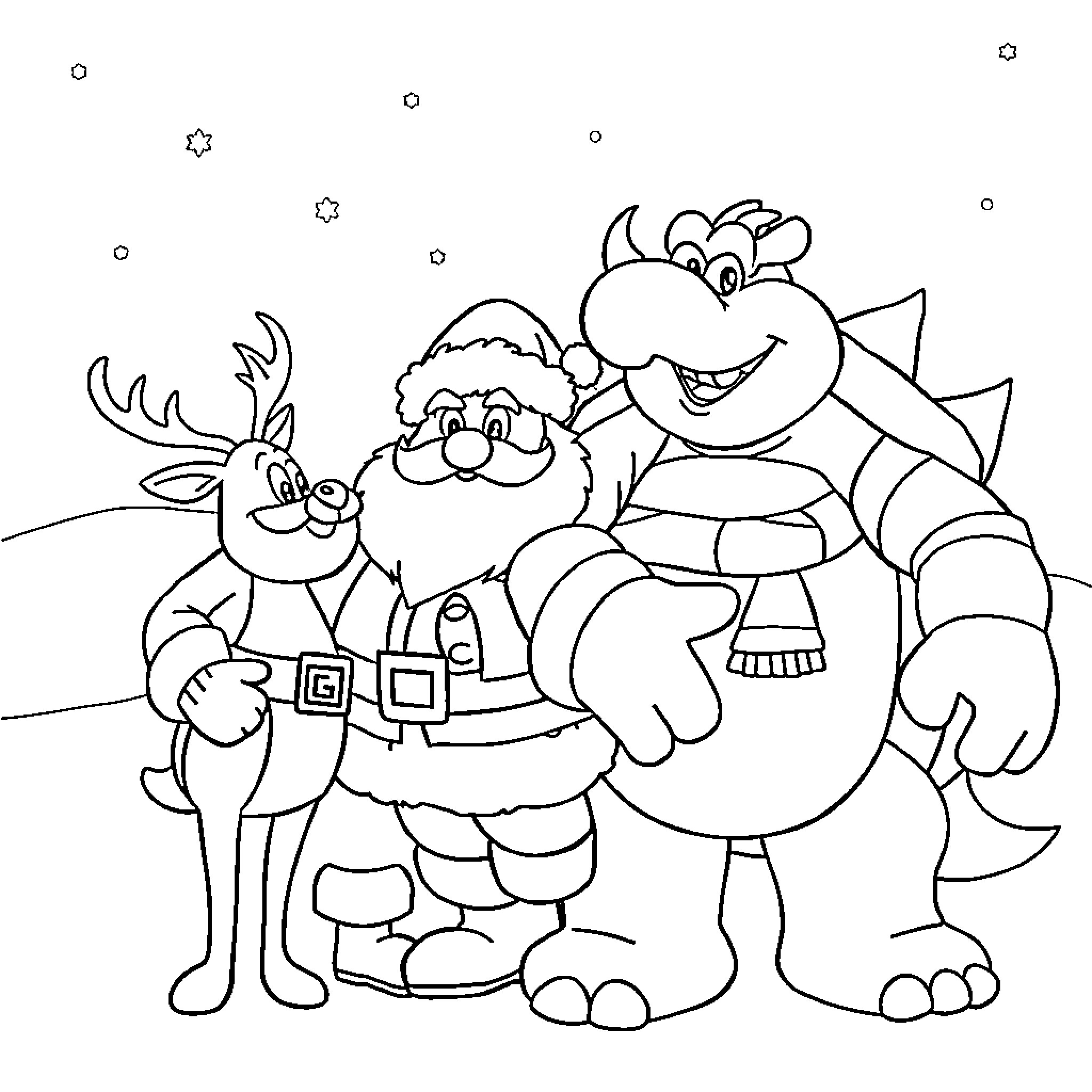 Santa and Friendly Monster Celebrating Christmas Coloring Page (free black-and-white line drawing printable PDF for all, from beginners to advanced learners, including children, teens, adults, and seniors)