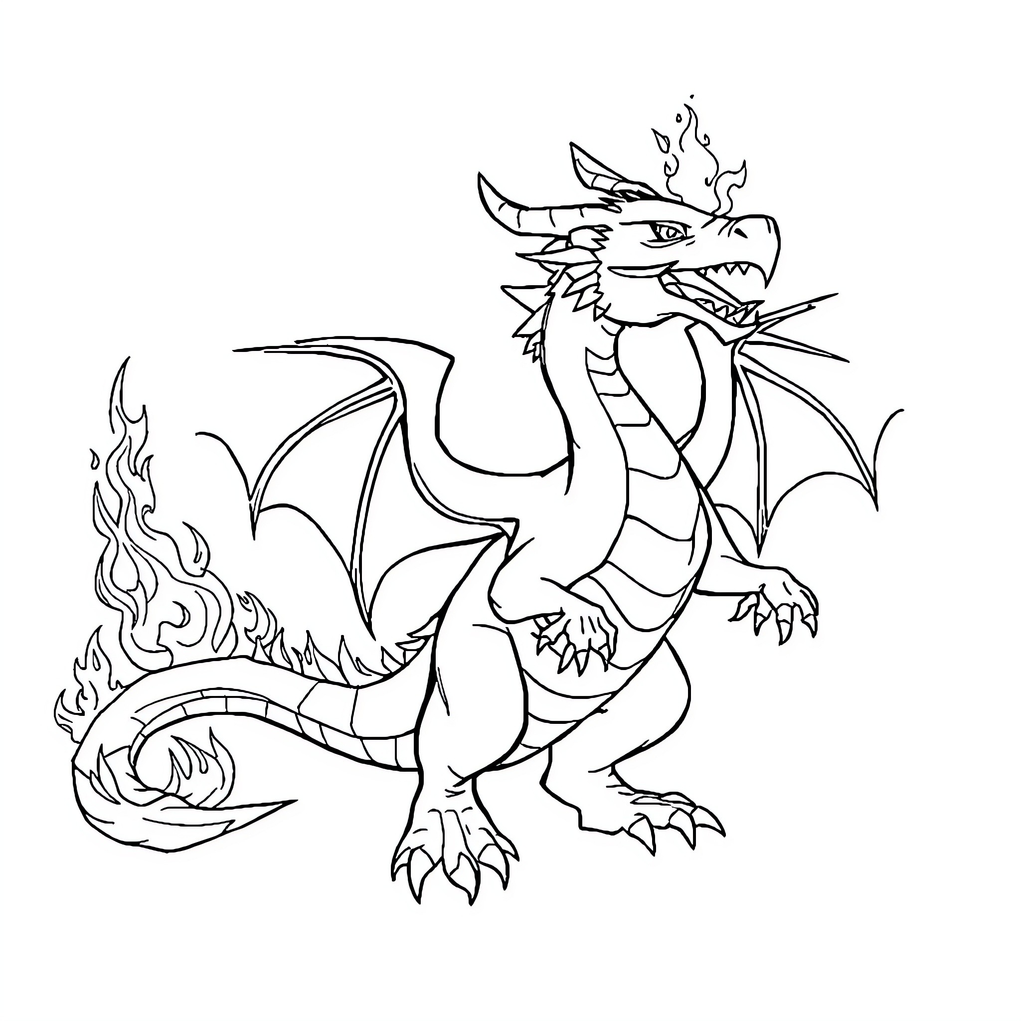 Dracofeu's Fiery Transformation Coloring Page (free black-and-white line drawing printable PDF for all, from beginners to advanced learners, including children, teens, adults, and seniors)