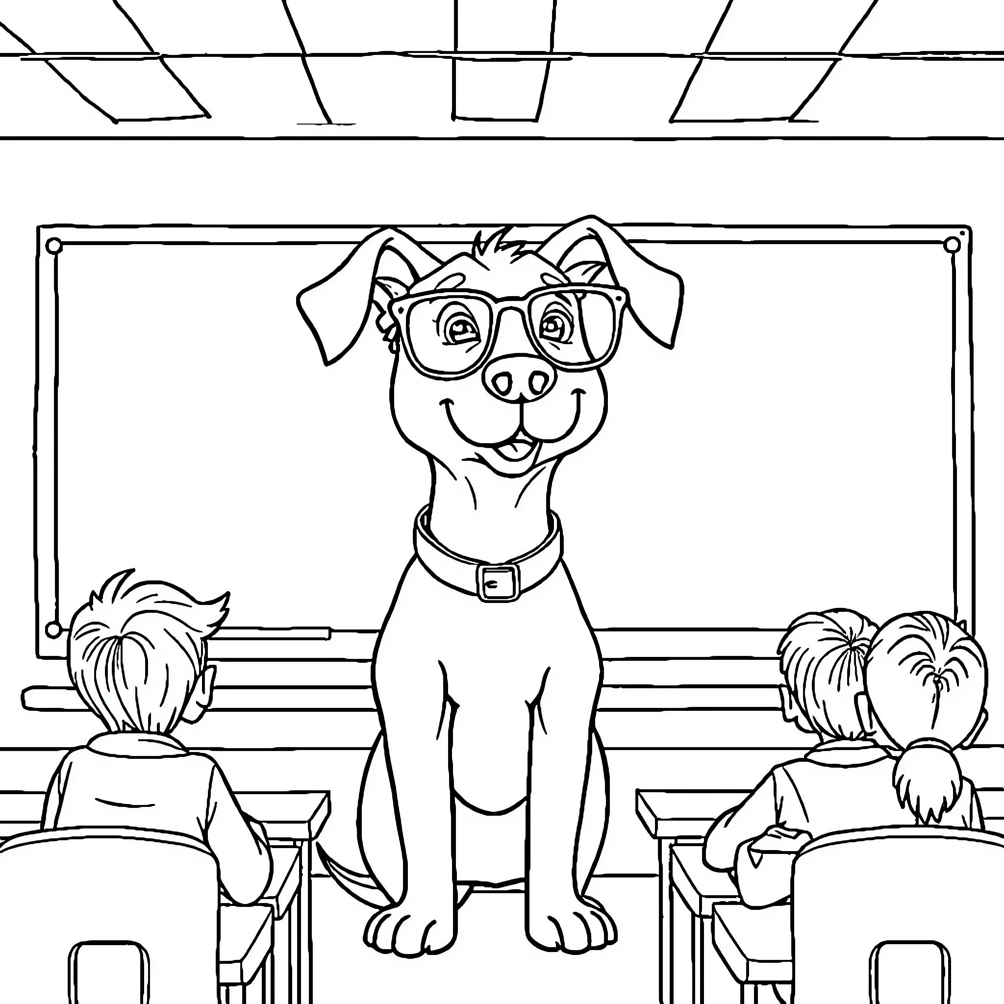 Dog wearing glasses in classroom setting Coloring Page (free black-and-white line drawing printable PDF for all, from beginners to advanced learners, including children, teens, adults, and seniors)