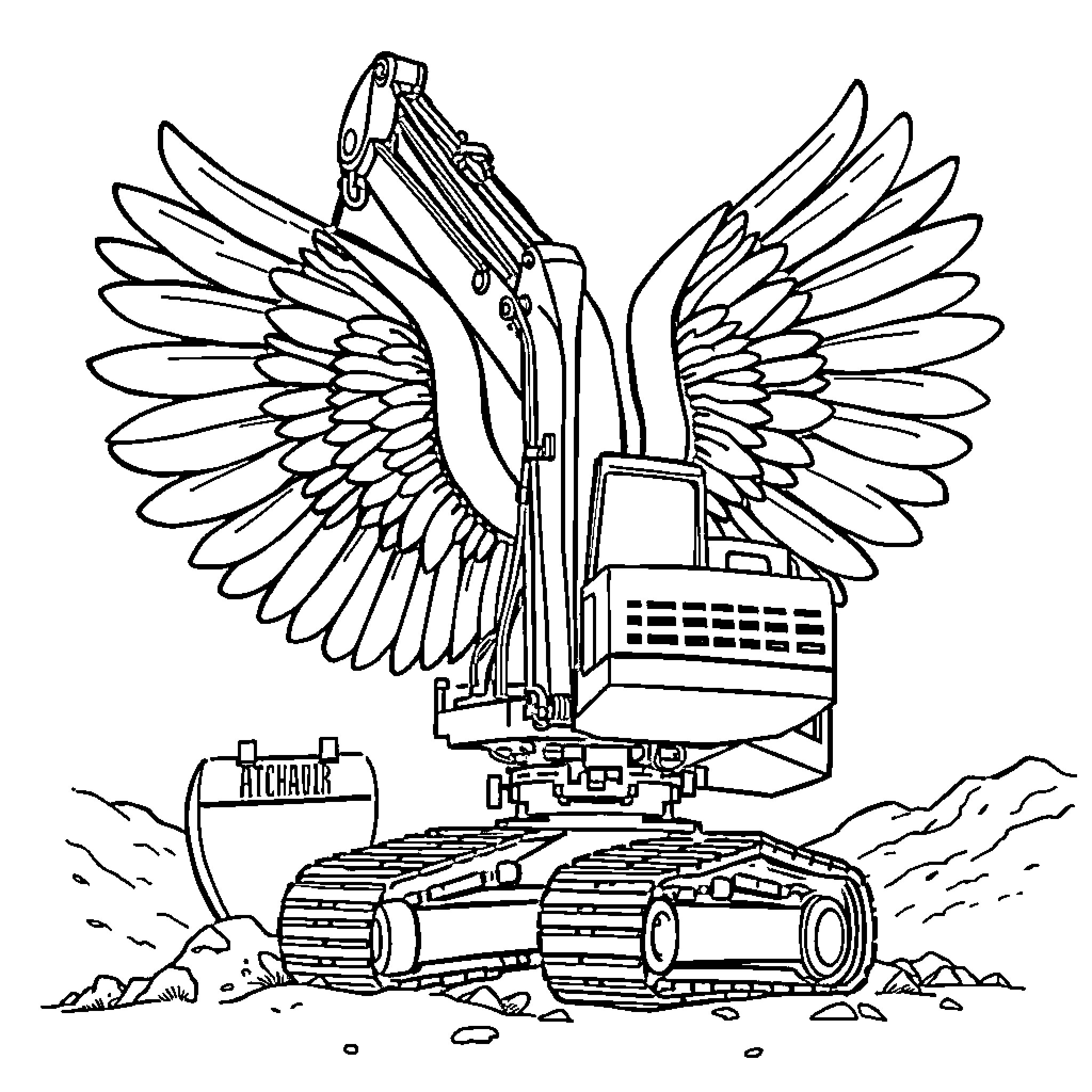 Excavator with winged machine in rocky landscape Coloring Page (free black-and-white line drawing printable PDF for all, from beginners to advanced learners, including children, teens, adults, and seniors)