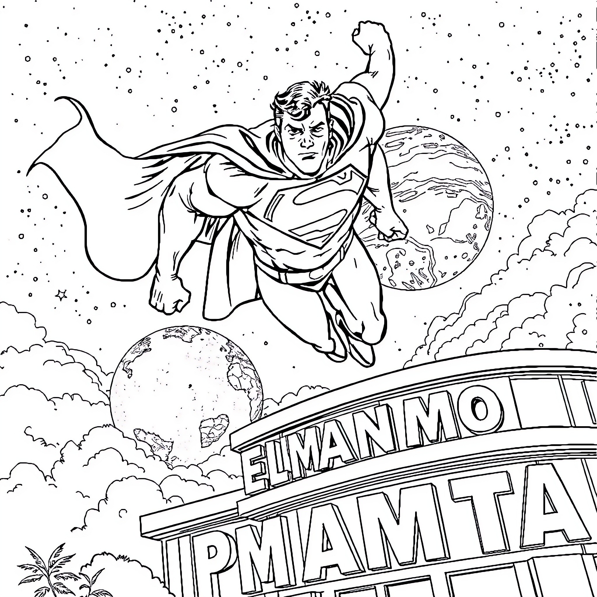 Superman soaring through the starry sky Coloring Page (free black-and-white line drawing printable PDF for all, from beginners to advanced learners, including children, teens, adults, and seniors)