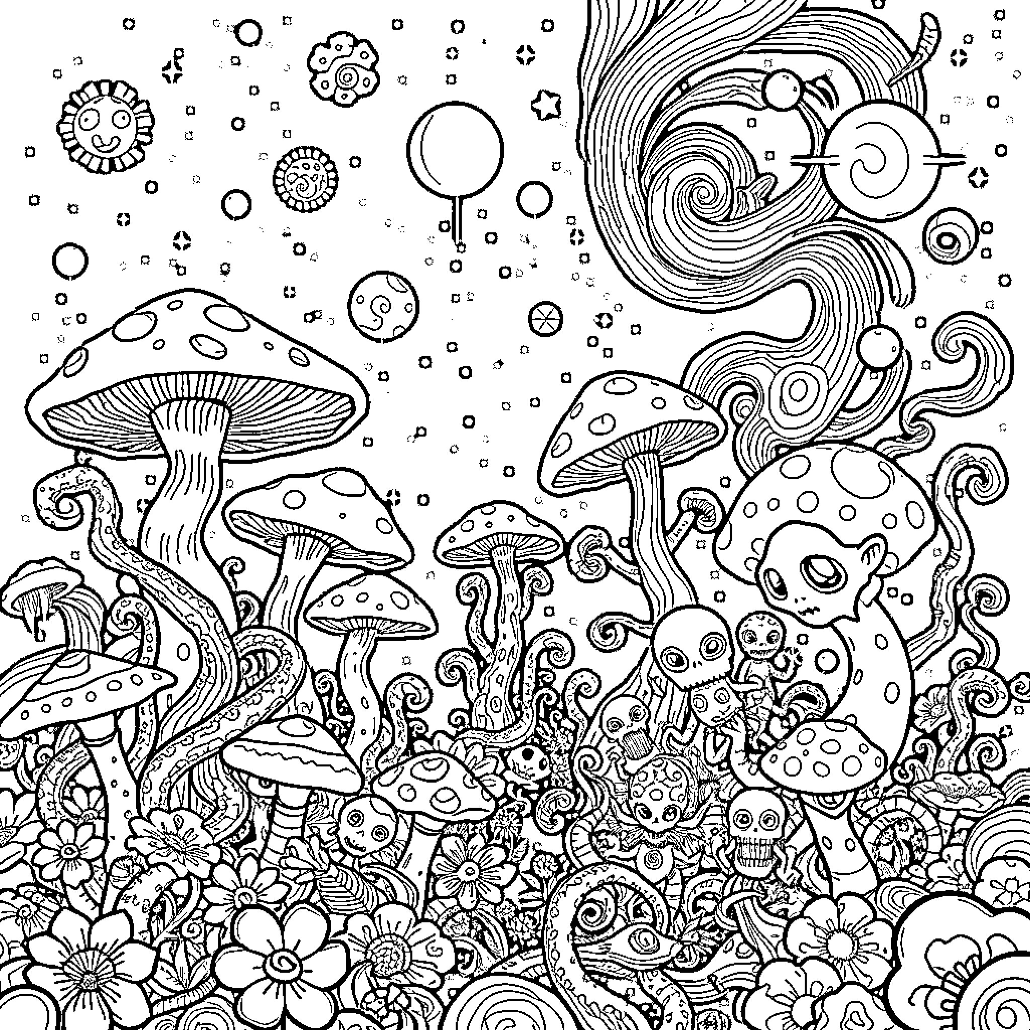 Mushroom Fantasy Landscape with Whimsical Elements Coloring Page (free black-and-white line drawing printable PDF for all, from beginners to advanced learners, including children, teens, adults, and seniors)