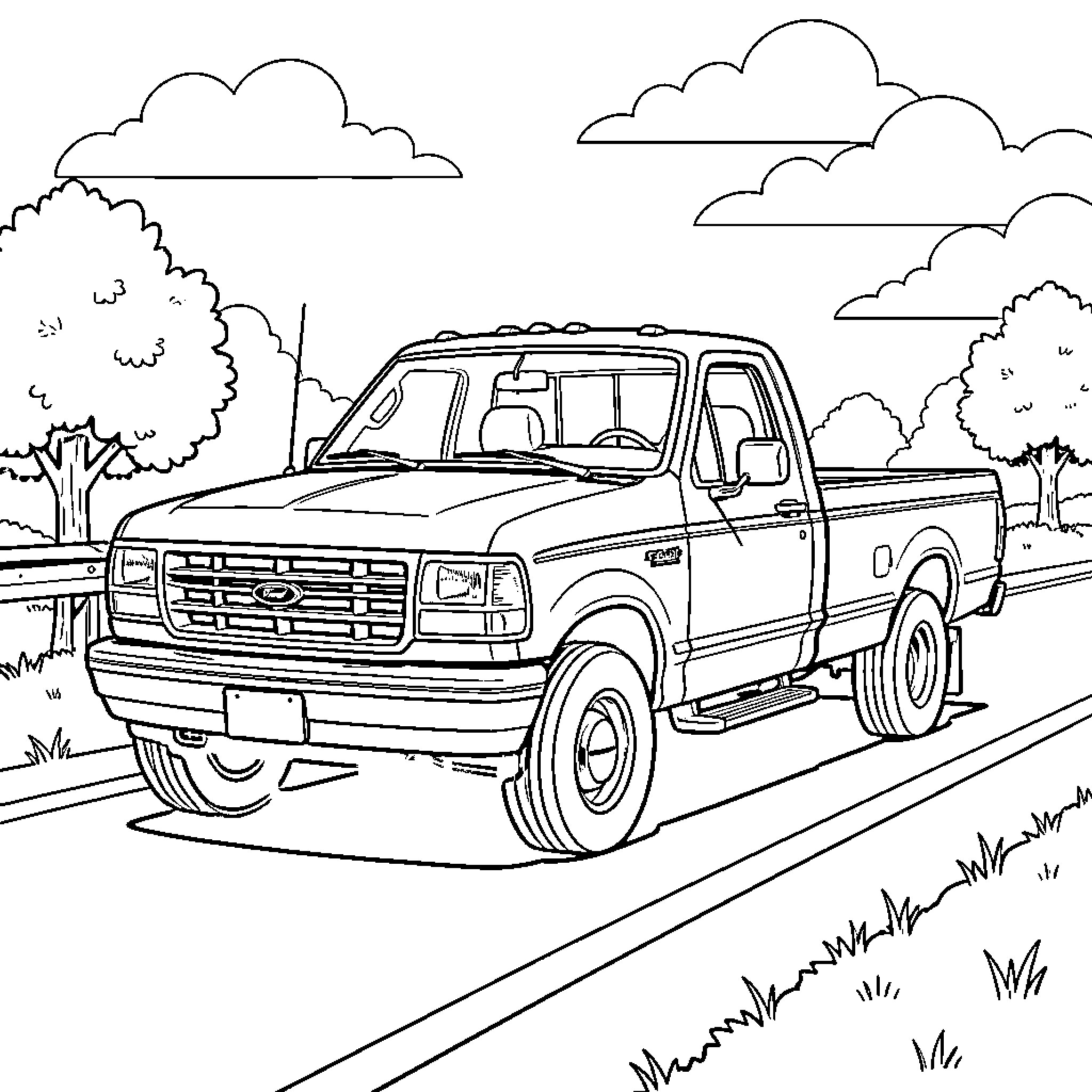 Ford F250 pickup truck on rural road Coloring Page (free black-and-white line drawing printable PDF for all, from beginners to advanced learners, including children, teens, adults, and seniors)