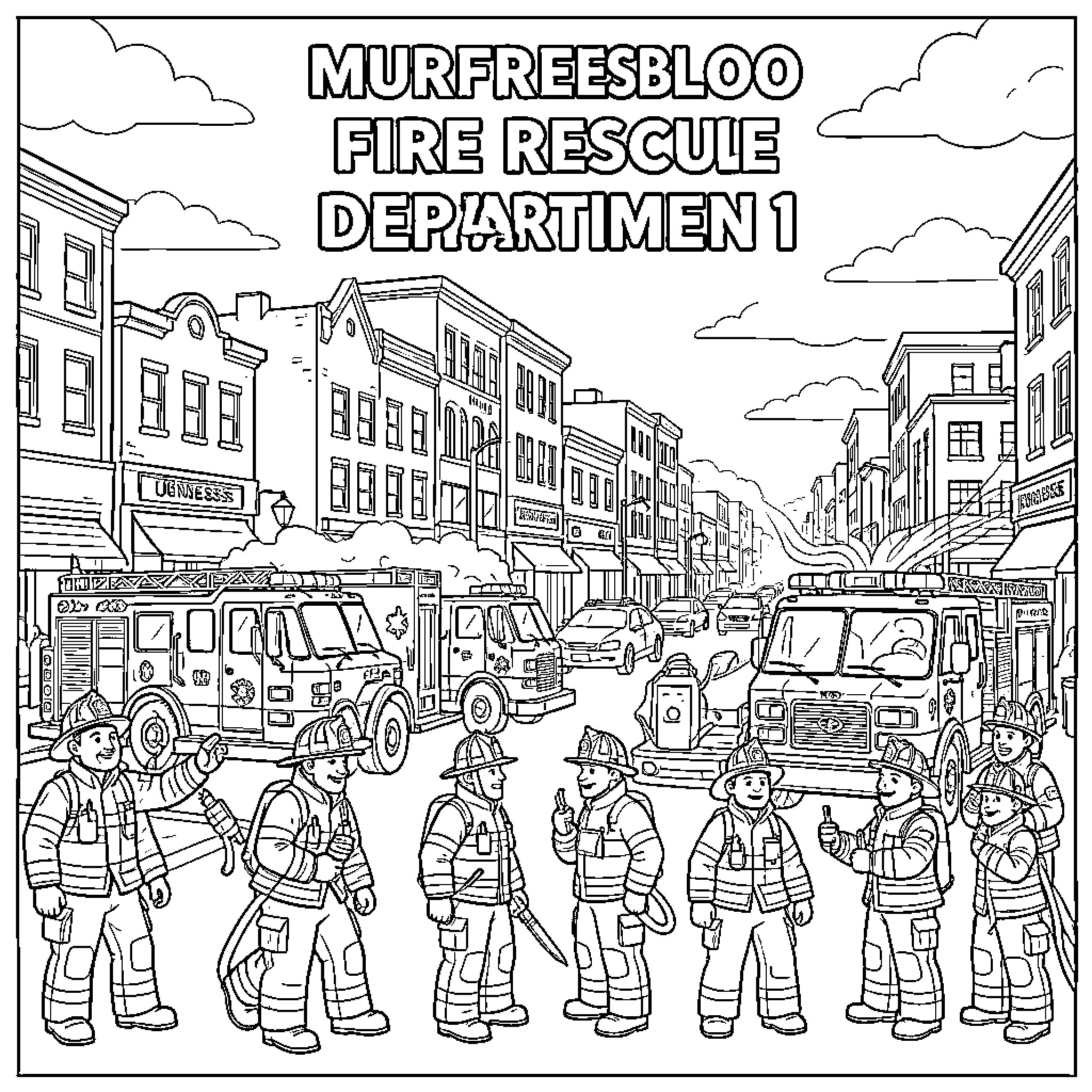 Fire Rescue Department at Work in the City Coloring Page (free black-and-white line drawing printable PDF for all, from beginners to advanced learners, including children, teens, adults, and seniors)