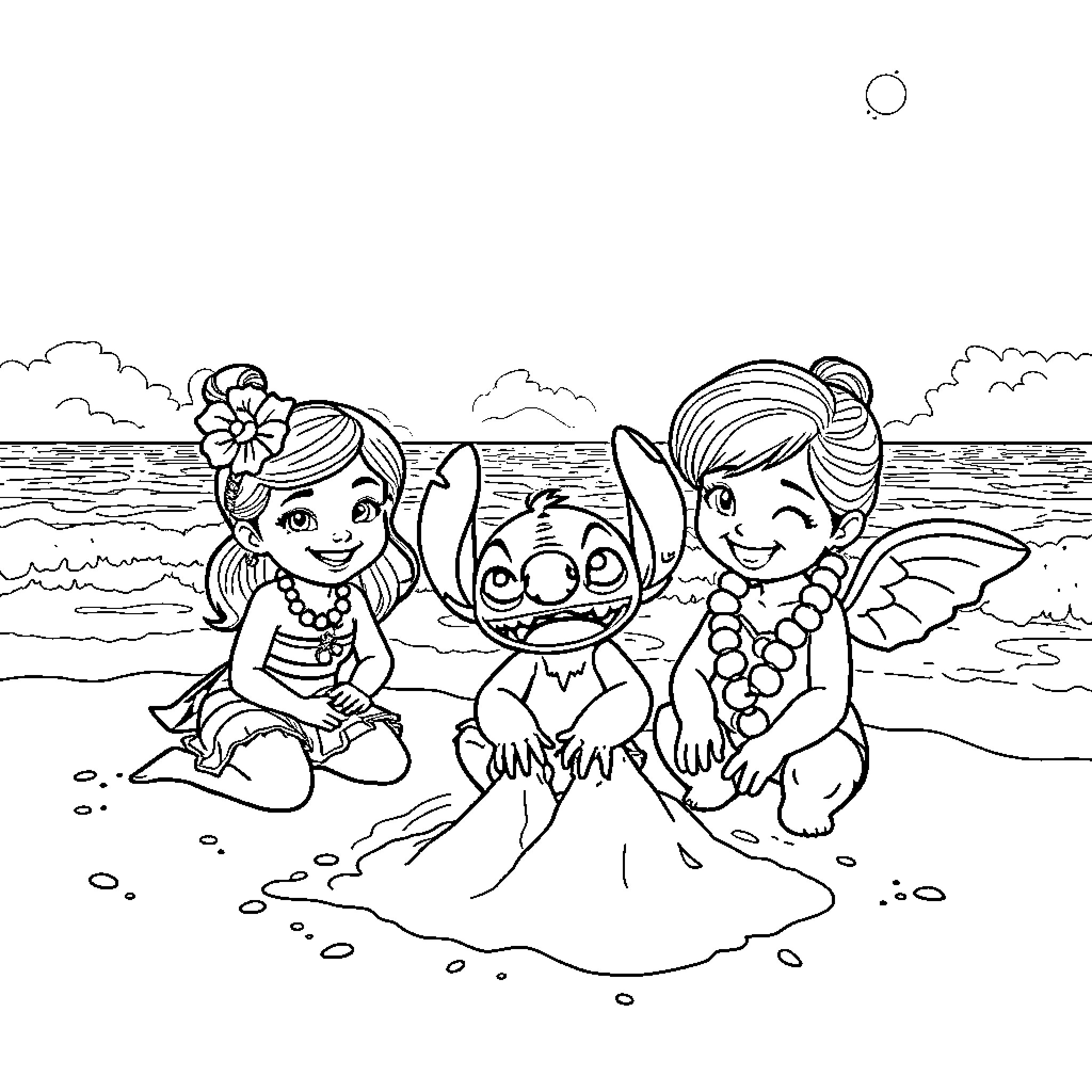 Lilo playing with Stitch and friend on the beach Coloring Page (free black-and-white line drawing printable PDF for all, from beginners to advanced learners, including children, teens, adults, and seniors)