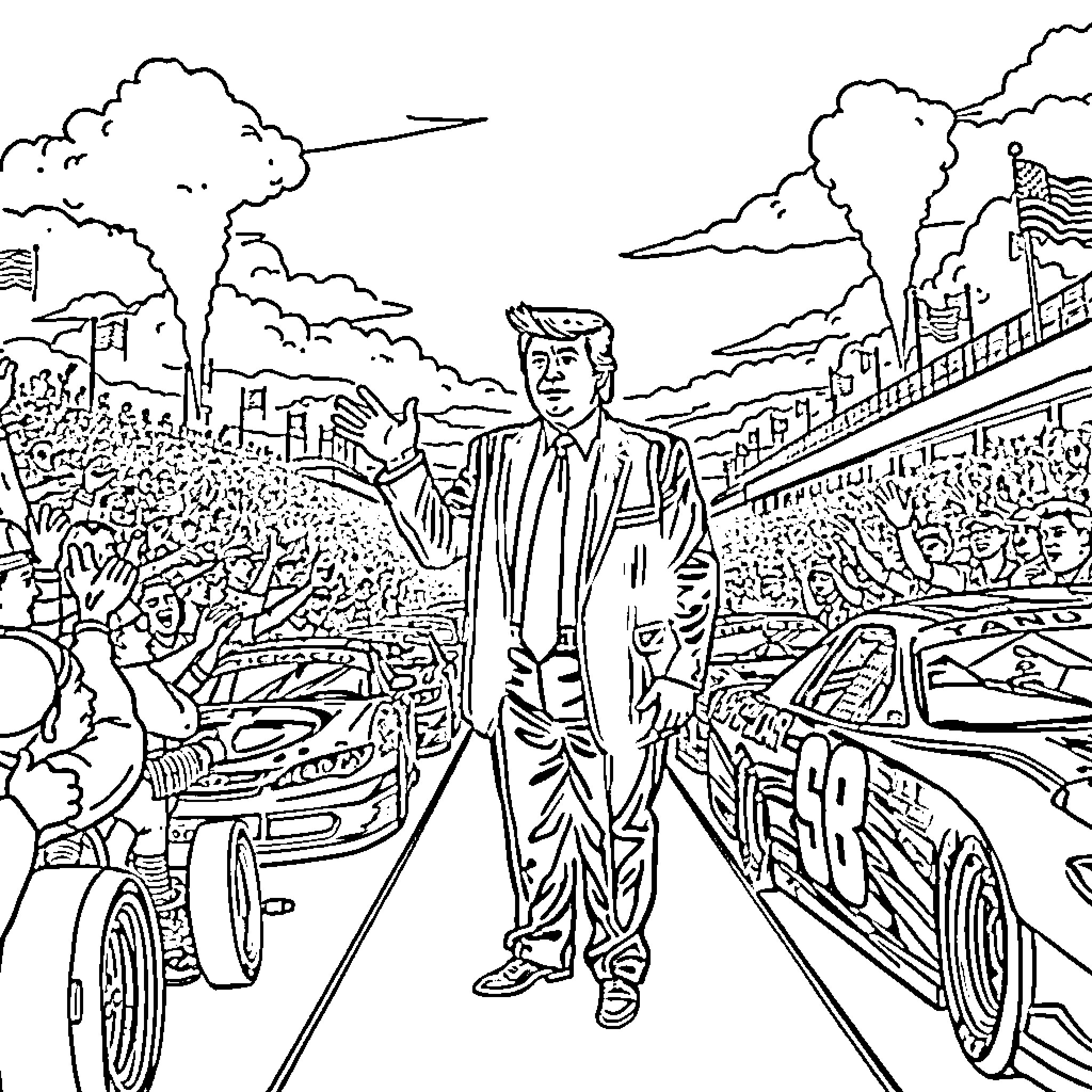 Donald Trump addressing a large crowd of supporters Coloring Page (free black-and-white line drawing printable PDF for all, from beginners to advanced learners, including children, teens, adults, and seniors)
