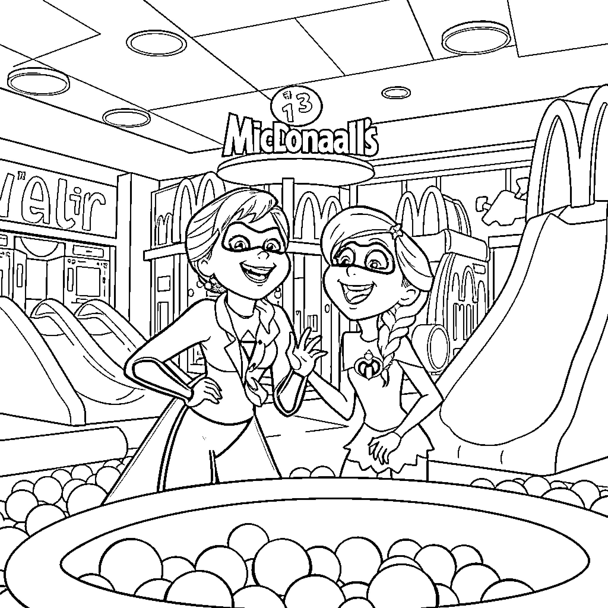 Elsa and Friend Enjoying Time at the Arcade Coloring Page (free black-and-white line drawing printable PDF for all, from beginners to advanced learners, including children, teens, adults, and seniors)