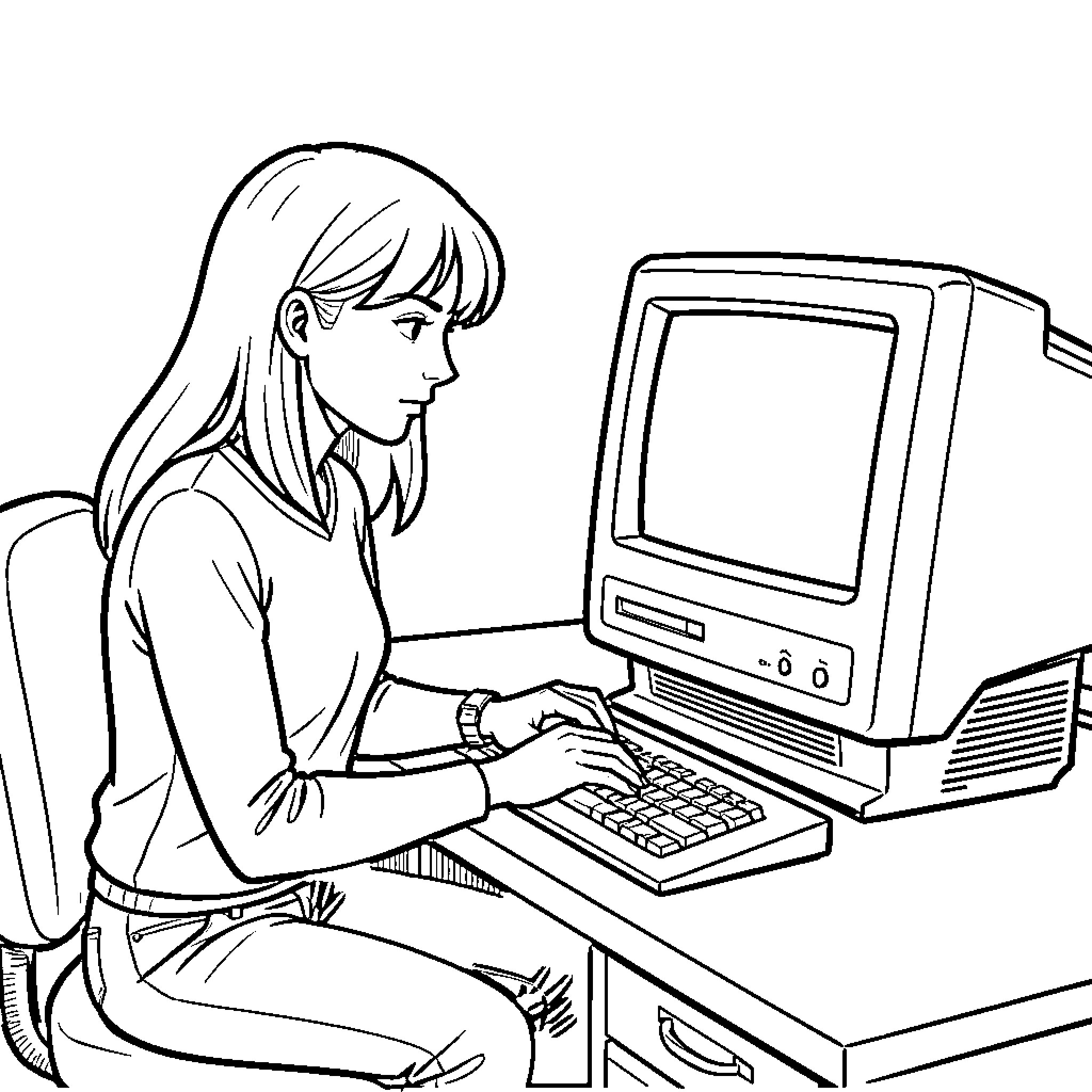 Quinn working intently on a computer Coloring Page (free black-and-white line drawing printable PDF for all, from beginners to advanced learners, including children, teens, adults, and seniors)
