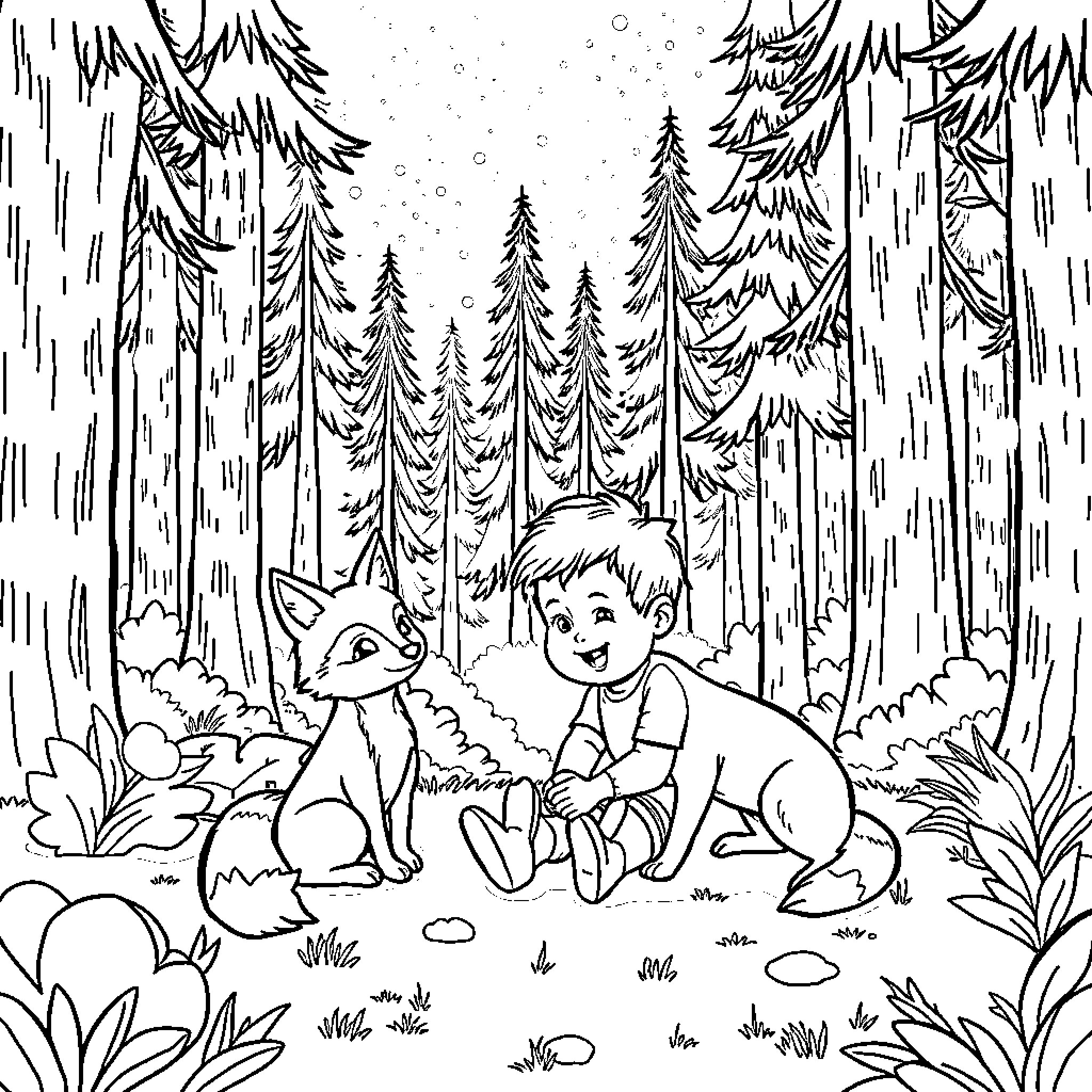 Boy playing with pet fox in snowy forest Coloring Page (free black-and-white line drawing printable PDF for all, from beginners to advanced learners, including children, teens, adults, and seniors)
