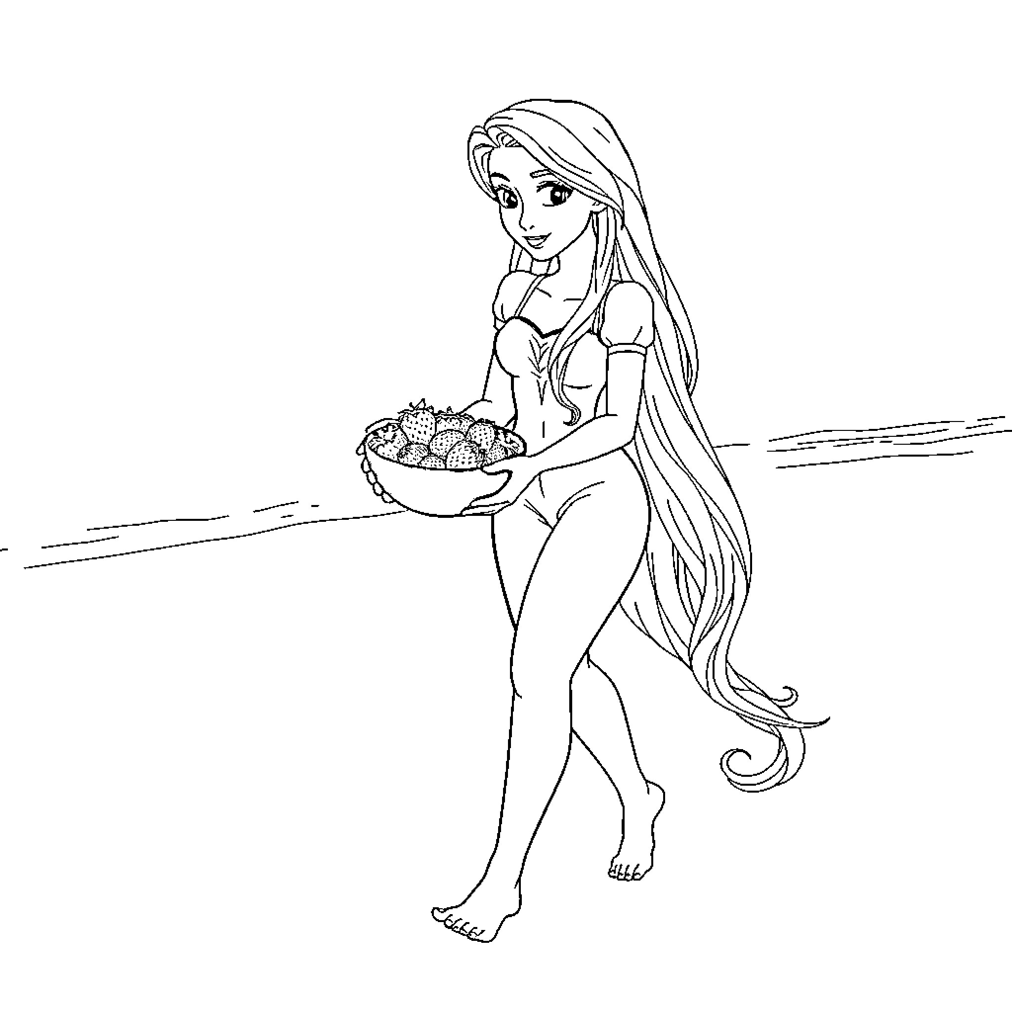 Rapunzel Carrying a Basket of Flowers Coloring Page (free black-and-white line drawing printable PDF for all, from beginners to advanced learners, including children, teens, adults, and seniors)