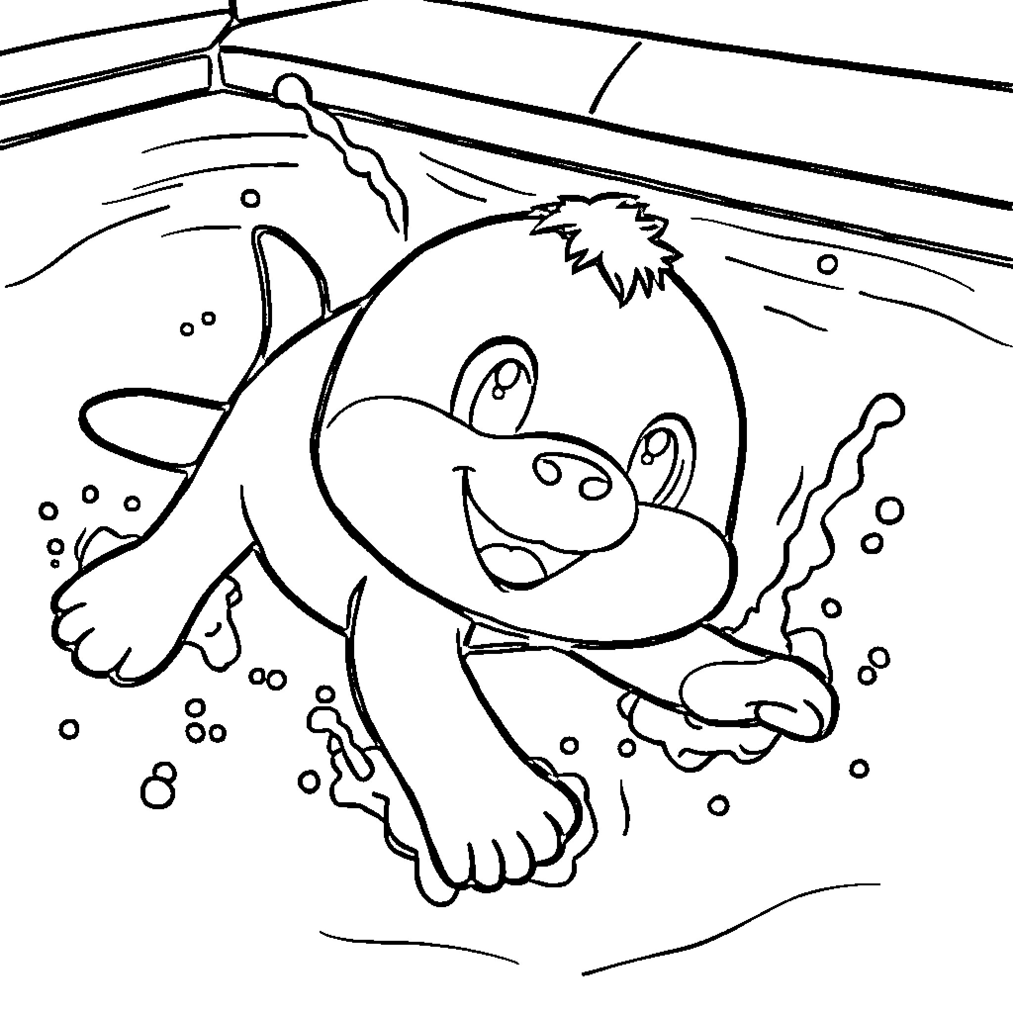 Labubu's Playful Swim Coloring Page (free black-and-white line drawing printable PDF for all, from beginners to advanced learners, including children, teens, adults, and seniors)
