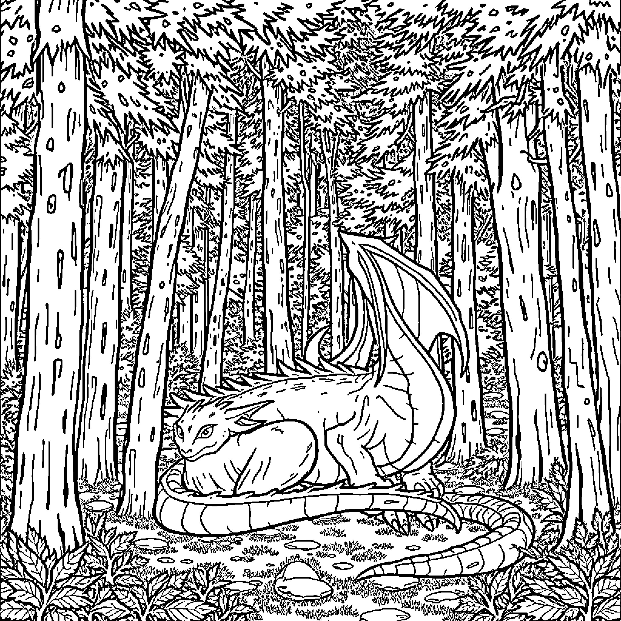 Dragon resting peacefully in the enchanted forest Coloring Page (free black-and-white line drawing printable PDF for all, from beginners to advanced learners, including children, teens, adults, and seniors)