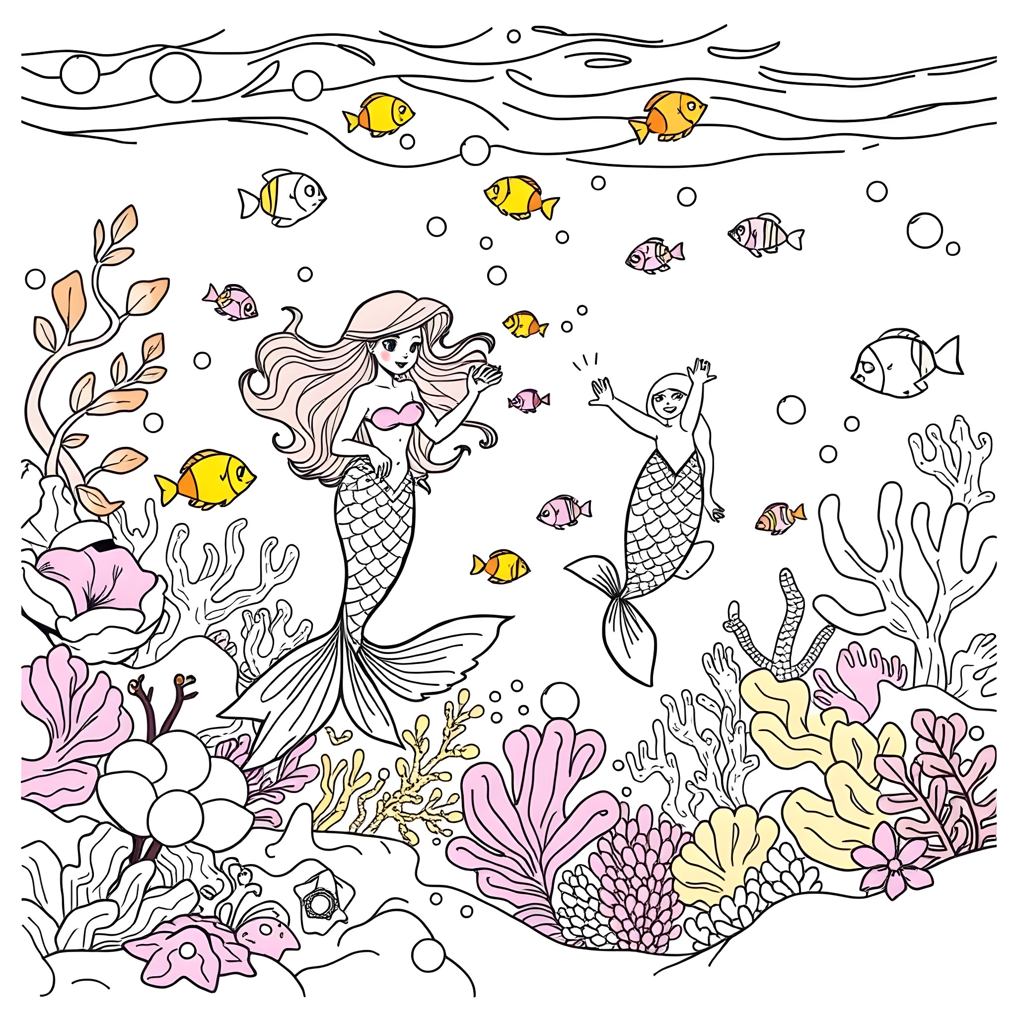 Mermaid's Underwater Wonderland with Colorful Sea Creatures Coloring Page (free black-and-white line drawing printable PDF for all, from beginners to advanced learners, including children, teens, adults, and seniors)