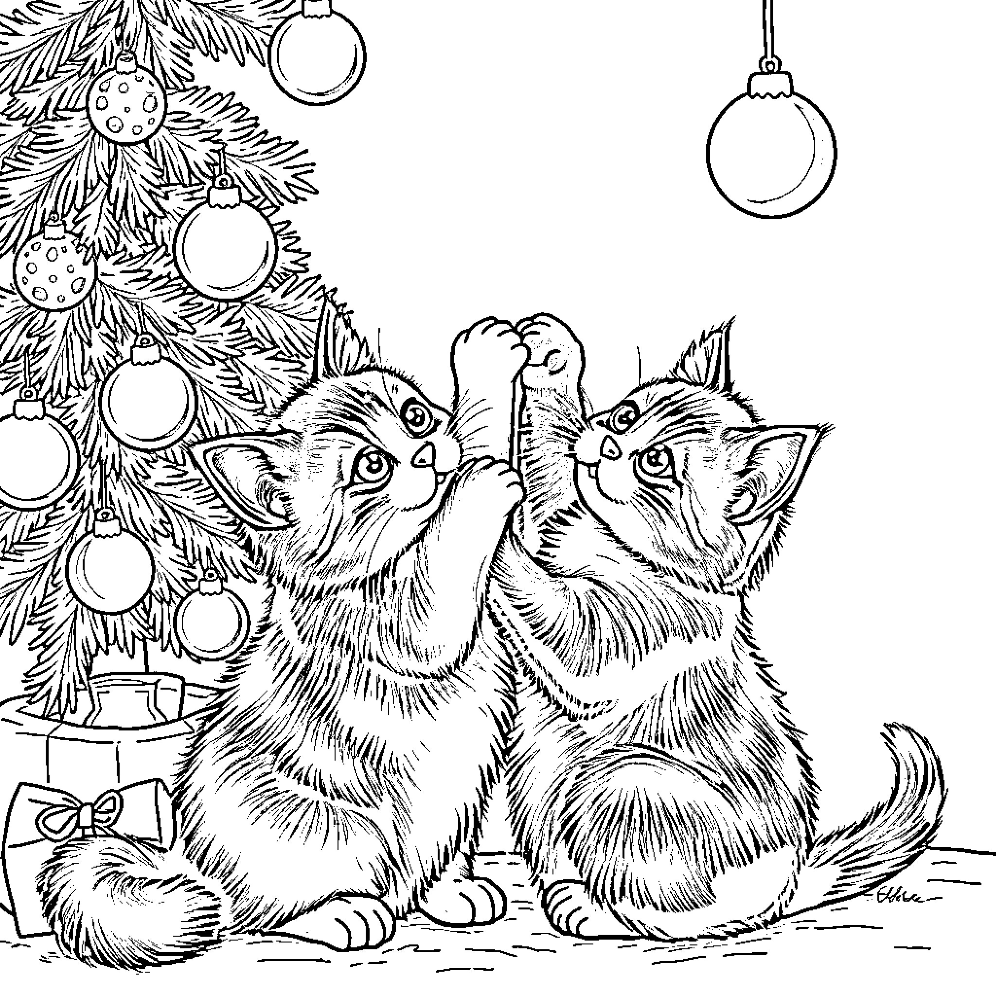 Cats Playing with Christmas Decorations Coloring Page (free black-and-white line drawing printable PDF for all, from beginners to advanced learners, including children, teens, adults, and seniors)
